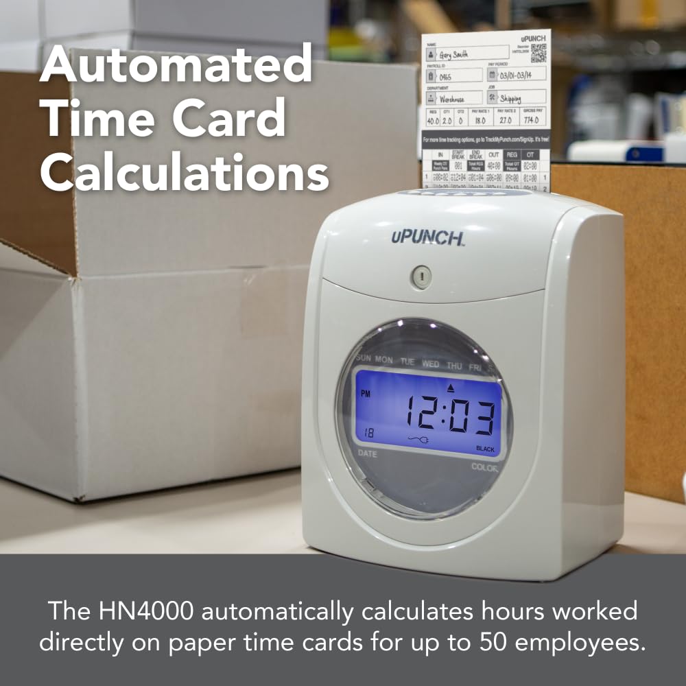 uPunch HN2500 Employee Time Clock System - Automatic Time Tracking with 100 Time Cards, Ribbon & Keys | Small Business Punch Clock Solution for Payroll, Attendance & Workforce Management | Office, Retail & Warehouse Use