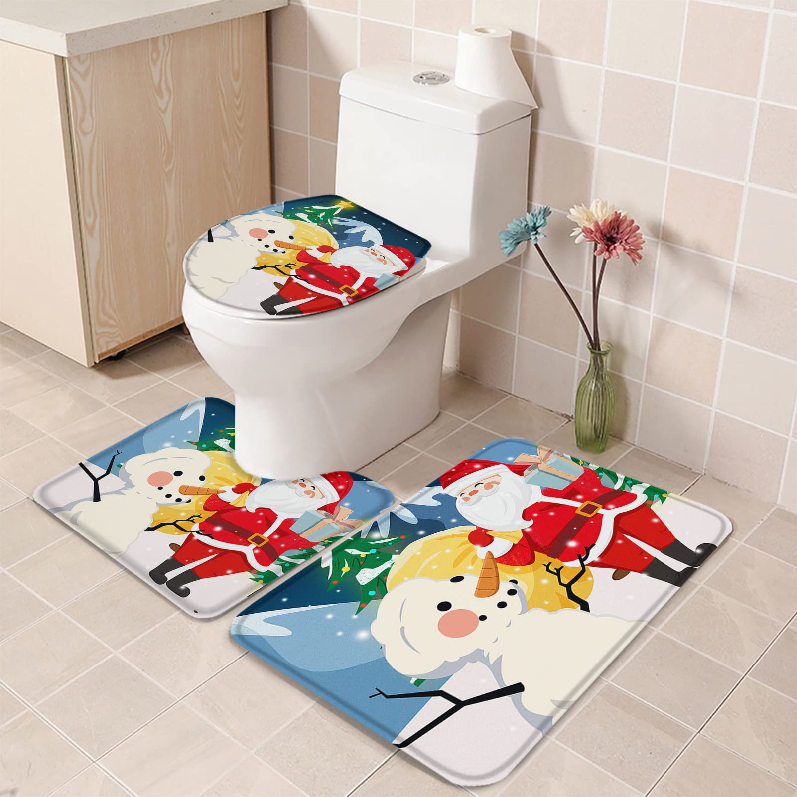 3 Piece Christmas Bathroom Rugs Set - Santa Claus & Snowman Holiday Bath Mat, Ultra Soft Non-Slip Contour Rug with Lid Cover for Tub, Shower - Perfect for Holiday Bathroom Decor & Cozy Winter Bathing
