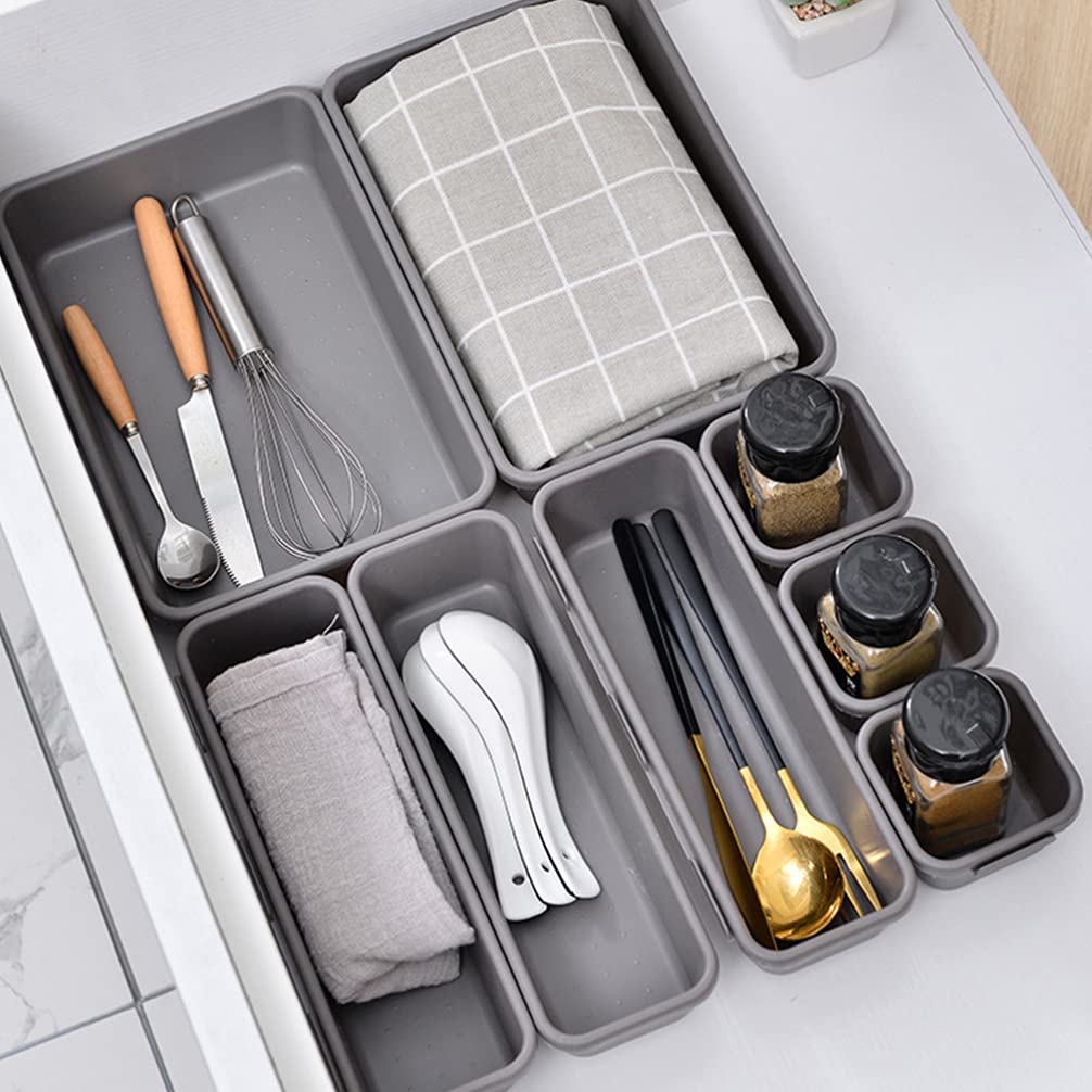 8-Piece Plastic Drawer Organizer Set - Underwear, Makeup & Bathroom Storage Boxes with Dividers - Ideal for Closet, Vanity & Bathtub Organization - Desktop Serving Trays & Drawer Storage Cases