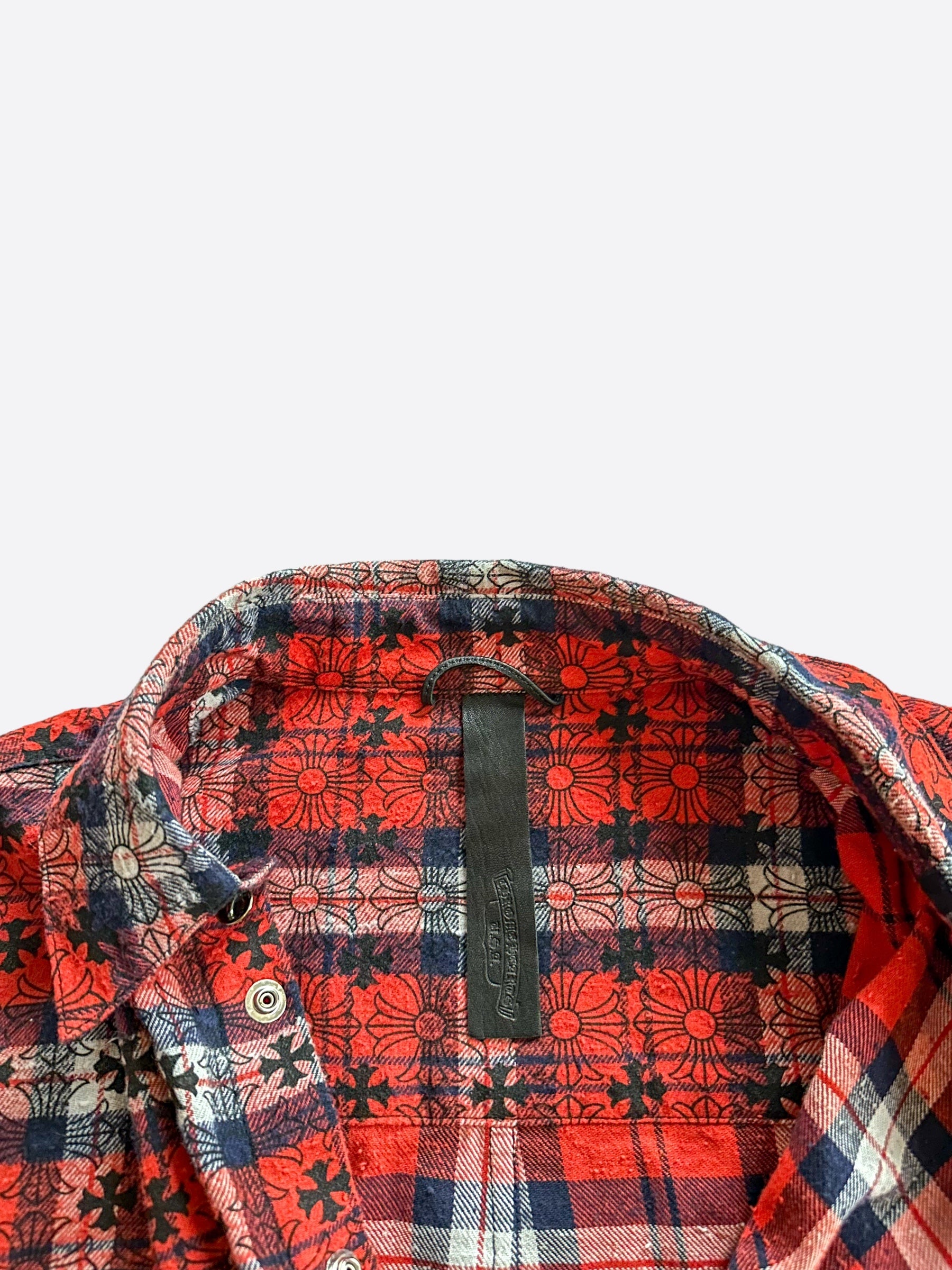 Chrome Hearts Red Cross Patch Jacquard Button Up Shirt for Men | Stylish Gothic Fashion Top | Perfect for Casual Wear, Concerts & Street Style