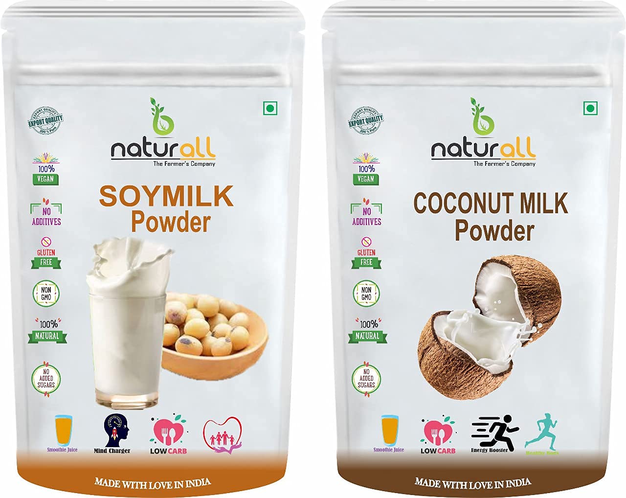 B Naturall Pack of 2 - SOYA Milk Powder & Coconut Milk Powder (500g Each) 1000g Combo | Vegan Protein Powder for Smoothies, Baking & Healthy Drinks | Dairy-Free & Gluten-Free Alternative