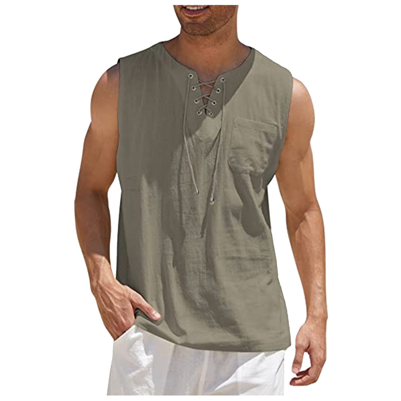 Men's Cotton Linen Beach Tank Top - Casual Loose Vest for Summer Outings