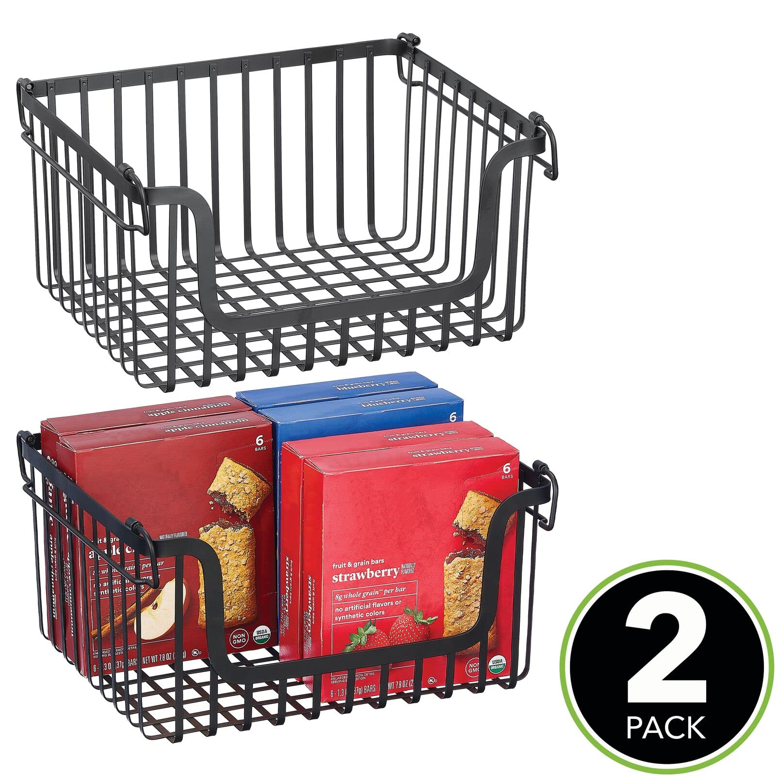 mDesign Large Stacking Wire Baskets - 2 Pack Matte Black Metal Storage Bins for Kitchen Cabinet & Pantry Organization | Perfect for Fruits, Vegetables, Snacks | Space-Saving Open Front Design | Carson Collection | Ideal for Home, Office, Dorm Room Storage Solutions