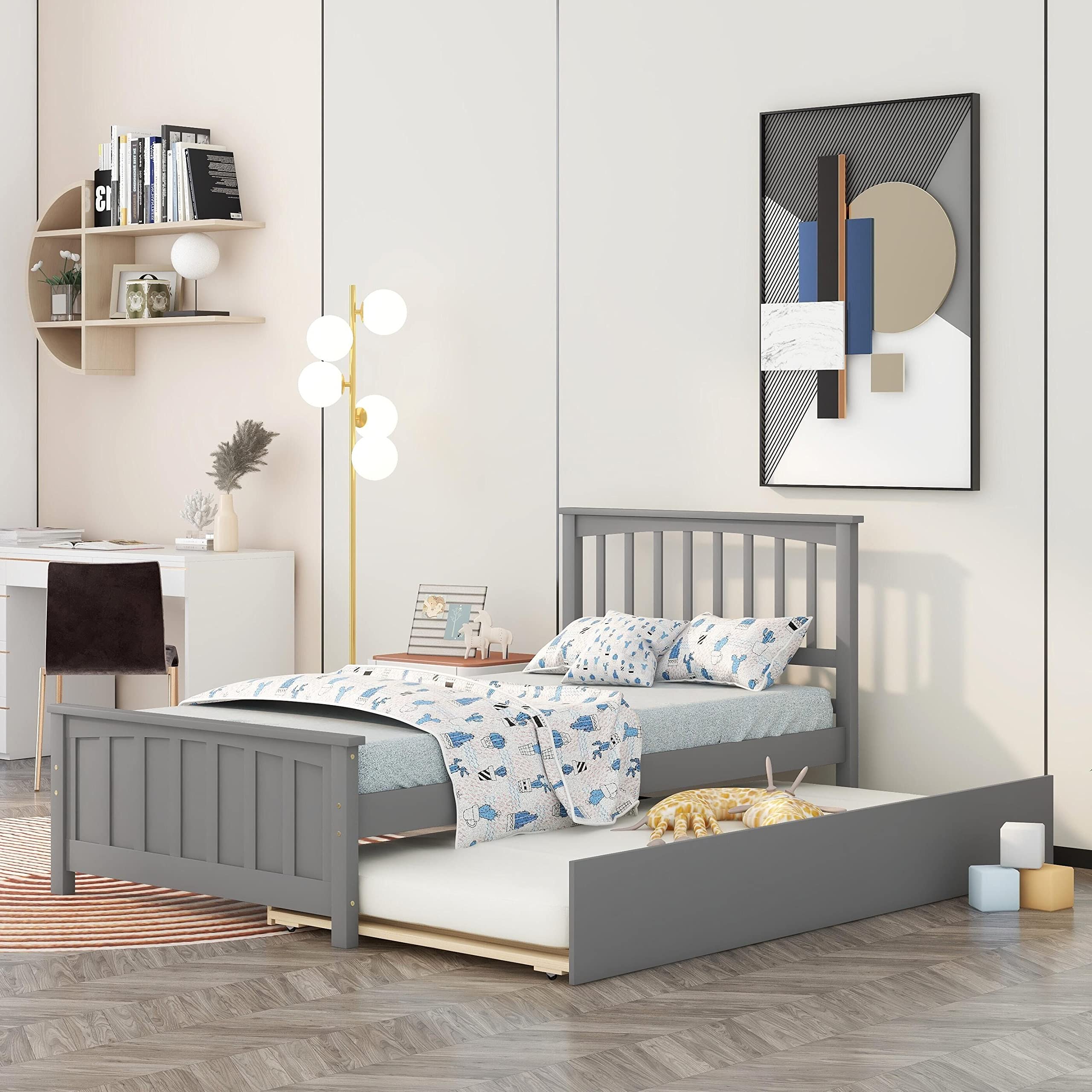 Twin Size Platform Bed with Trundle - Grey Wooden Frame with Headboard & Footboard, No Box Spring Needed - Perfect for Kids' Bedroom, Guest Room & Small Spaces