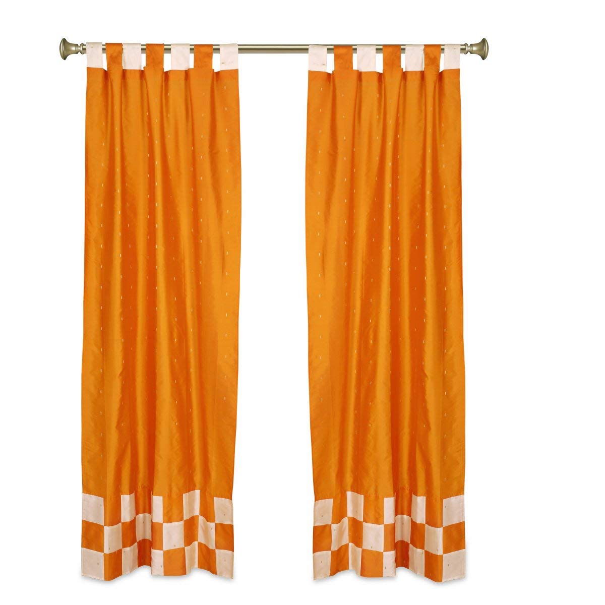 2 Panel Orange Indian Check Sari Curtains - 36 Inch Wide x 108 Inch Long Tab Top Window Drapes for Boho Chic Living Room & Bedroom Decor