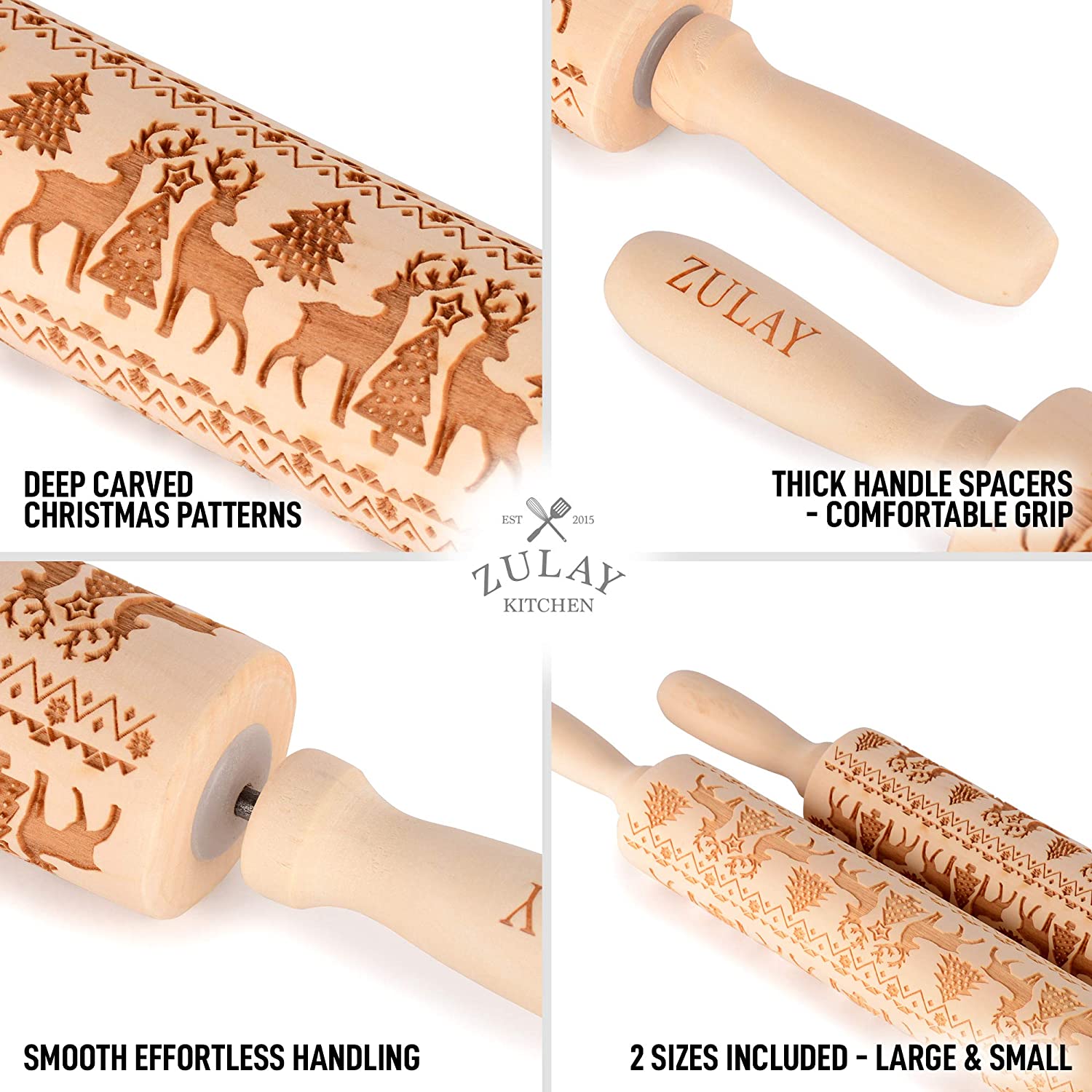 (Set of 2) Handcrafted Wooden Christmas Cookie Rolling Pin - Perfect for Holiday Baking, Gingerbread Cookies & Festive DIY Decorations