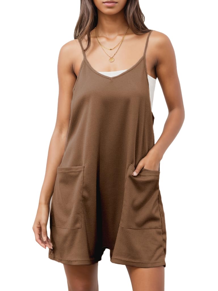 Women's Summer Casual Waffle Knit Romper - Loose Fit Spaghetti Strap Sleeveless Jumpsuit with Pockets | Breathable Short Overalls for Beach, Vacation & Outdoor Activities