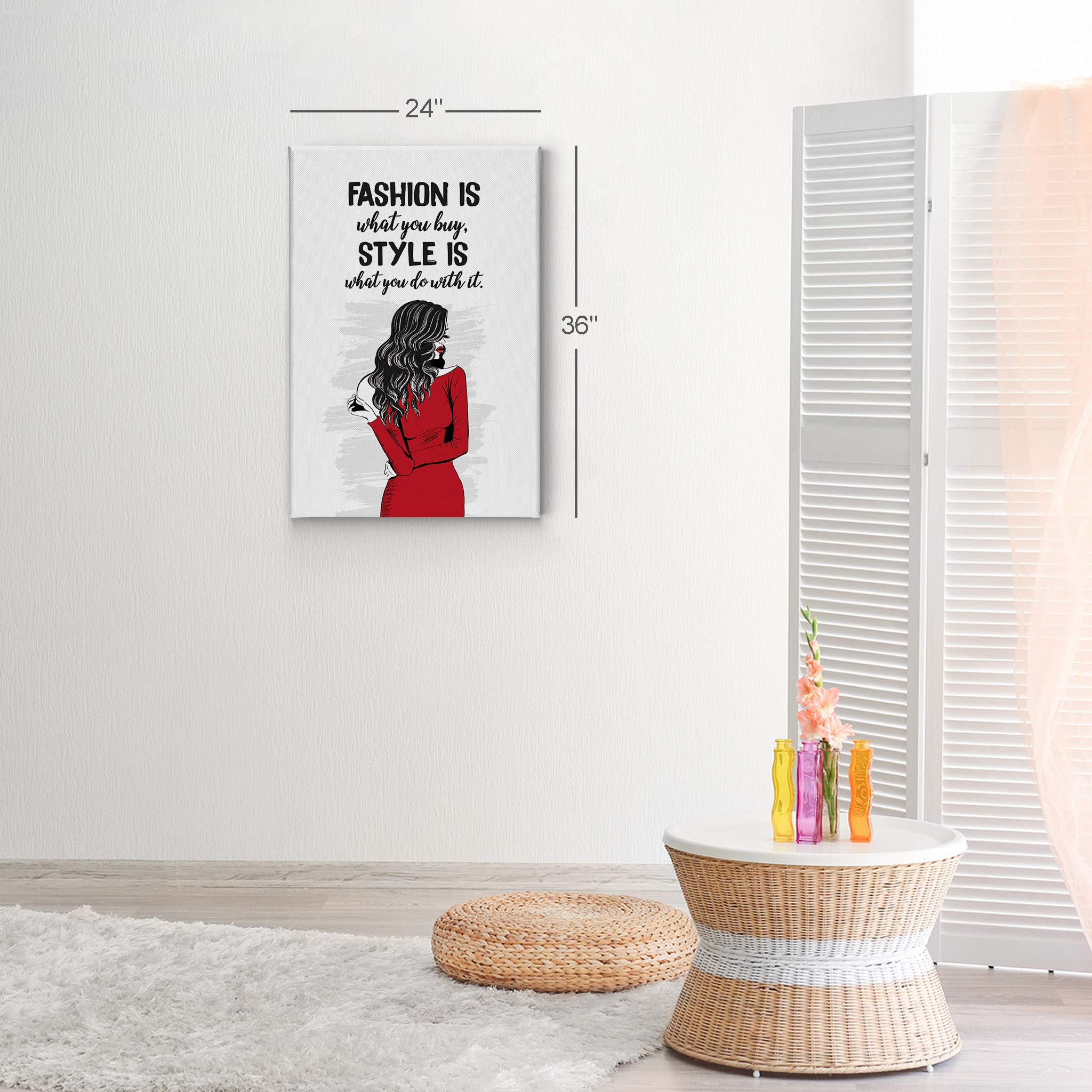 Fashion Quote Canvas Print - 'Fashion is What You Buy, Style is What You Do with It' - Red Glam Wall Art for Office, Girls Room, Dorm, Bedroom & Living Room Decor - Ready to Hang 40x30 Inches - Perfect for Home & Office Inspiration