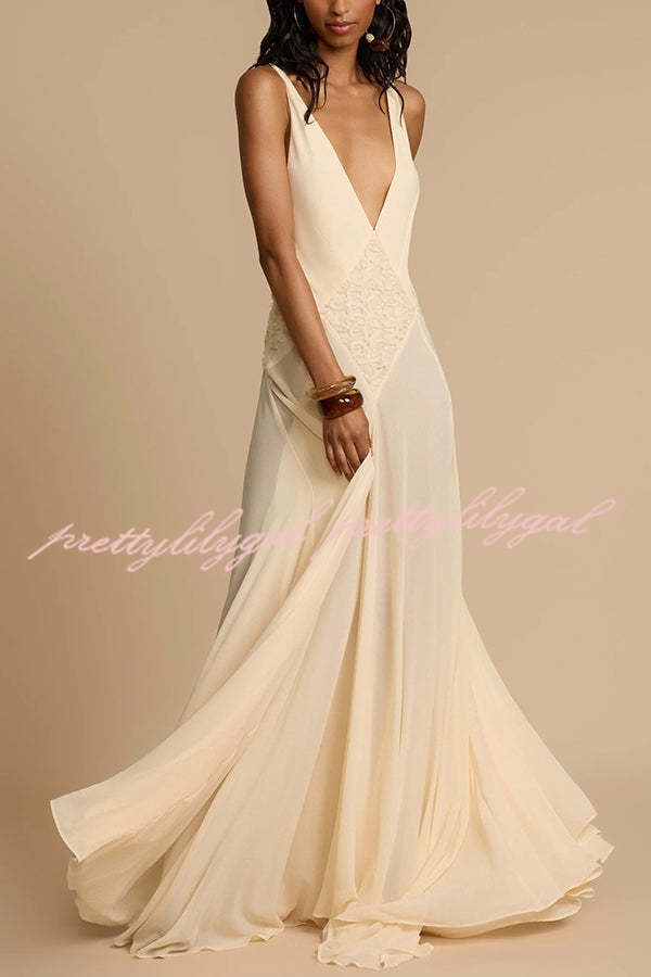 Venus By The Sea Tulle Lace Patchwork Backless Flowy Maxi Dress for Women - Elegant Beach Wedding Guest Dress & Summer Party Gown