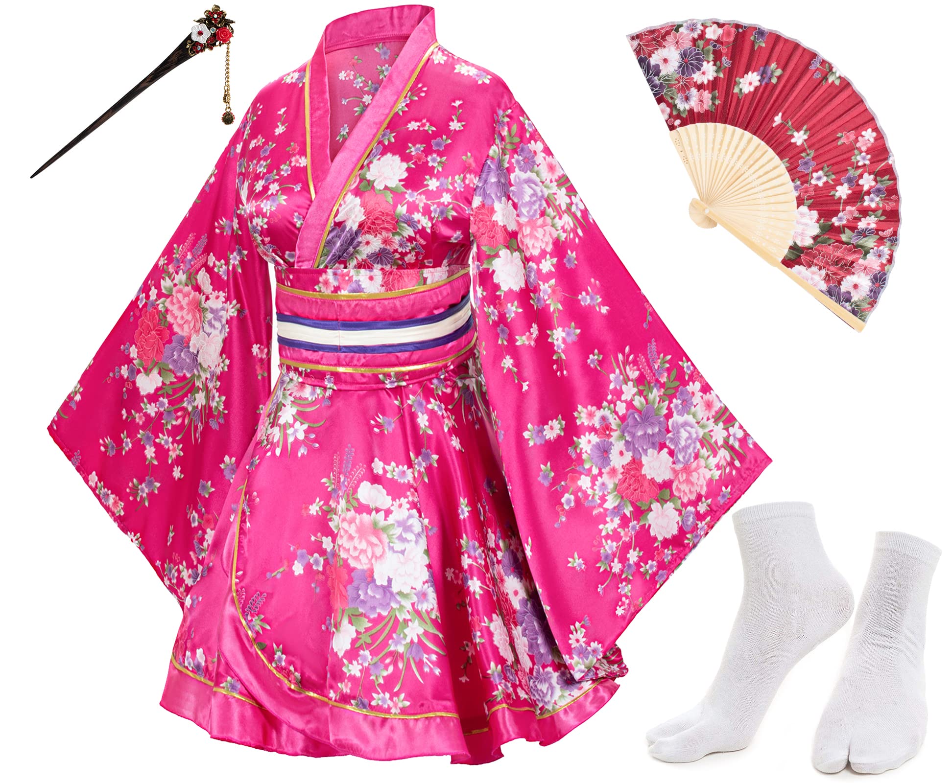 Japanese Anime Cosplay Kimono Robe Set with Silk Folding Fan & Tabi Socks - Traditional Women's Dance Costume for Cosplay, Halloween, and Cultural Events