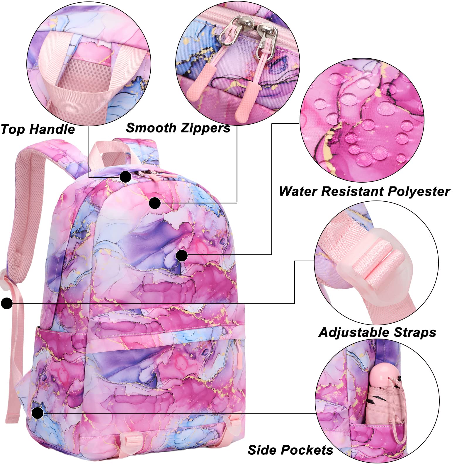 Joyfulife Girls School Backpack with Lunch Box - Water Resistant Lightweight Bookbag for School & Travel