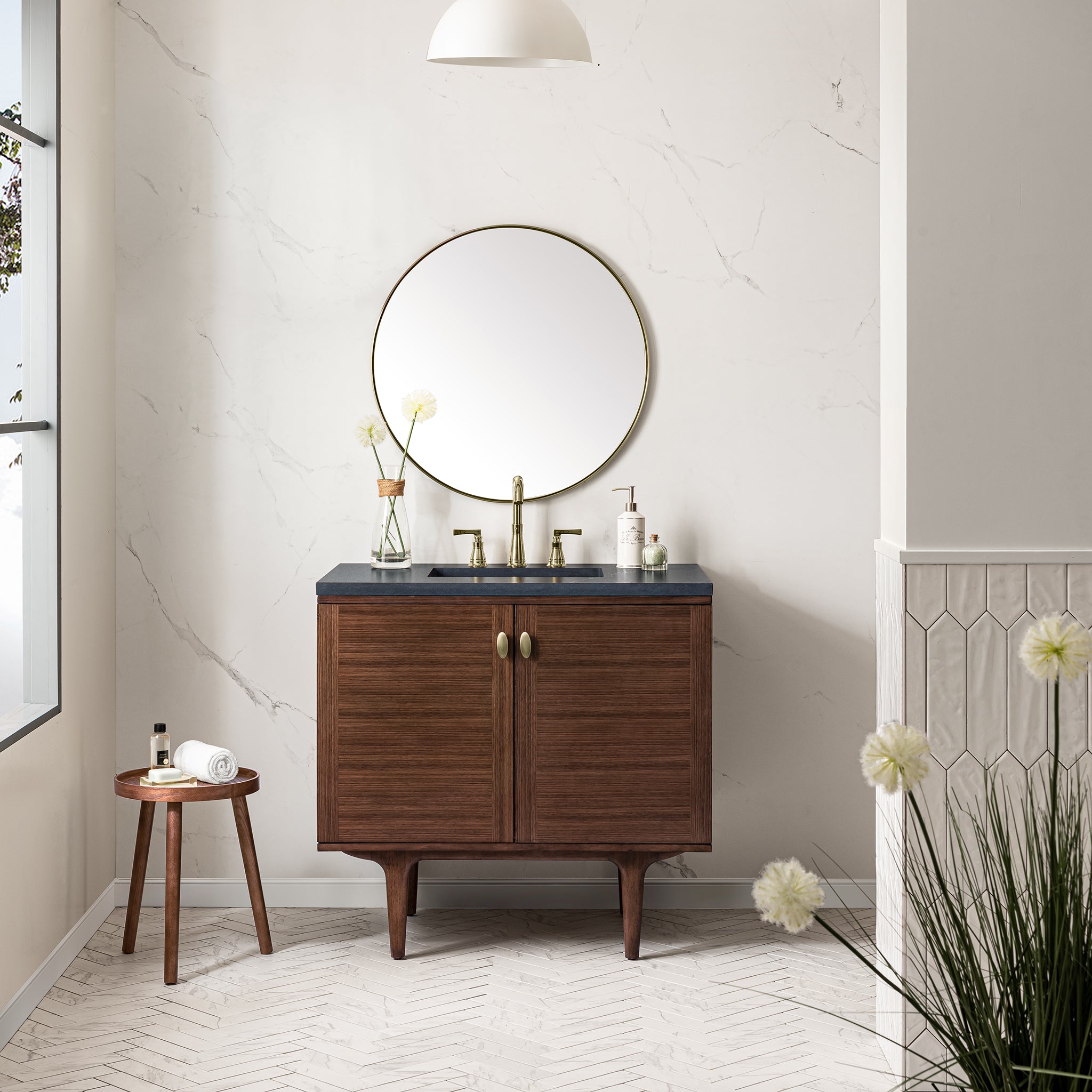 Amberly 36 Inch Single Bathroom Vanity - Mid Century Modern Walnut Wood with 3CM Charcoal Soapstone Countertop | Perfect for Small Bathrooms & Powder Rooms