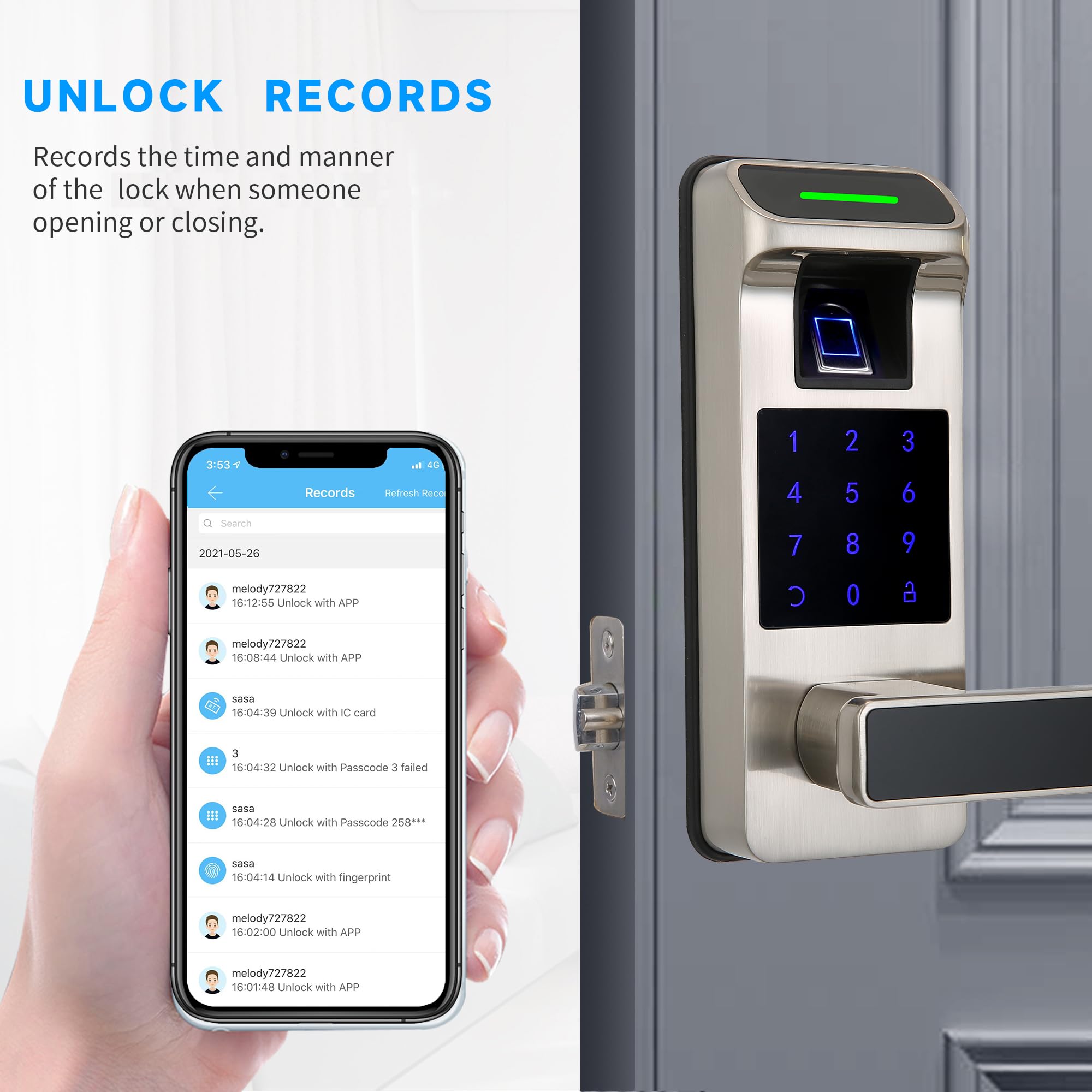 Harfo 5-in-1 Smart Fingerprint Door Lock - Heavy Duty Keyless Entry with Touchscreen Keypad, Reversible Handle & Digital Keypad - Electronic Smart Lock for Home Security (Satin Nickel) - Perfect for Apartments, Offices & Vacation Homes