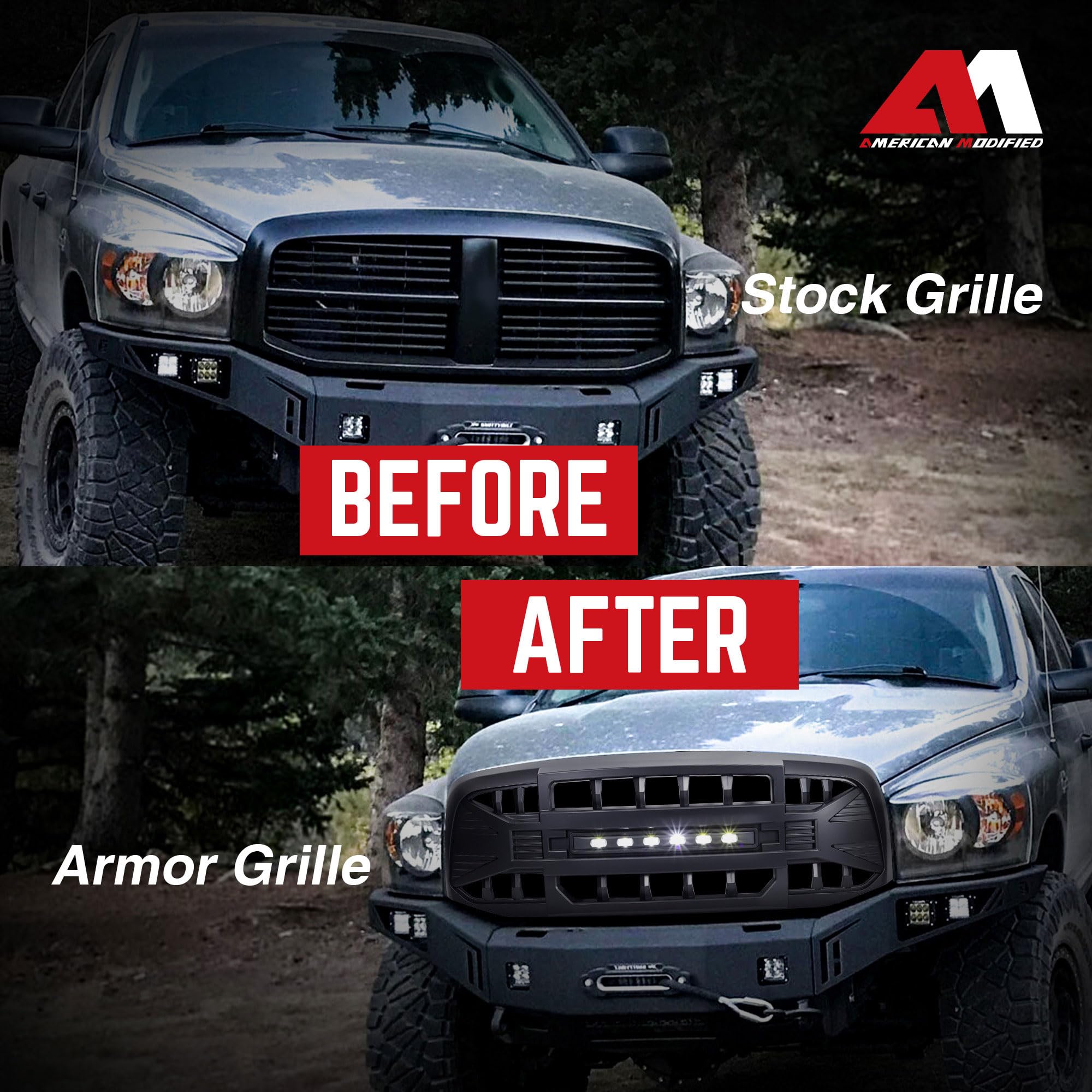 AMERICAN MODIFIED Armor Grille with LED Off-Road Lights for 2006-2008 Dodge Ram 1500 & 2006-2009 Ram 2500/3500 - Matte Black Truck Grille | Heavy Duty Protection & Style for Off-Roading, Truck Shows & Daily Driving