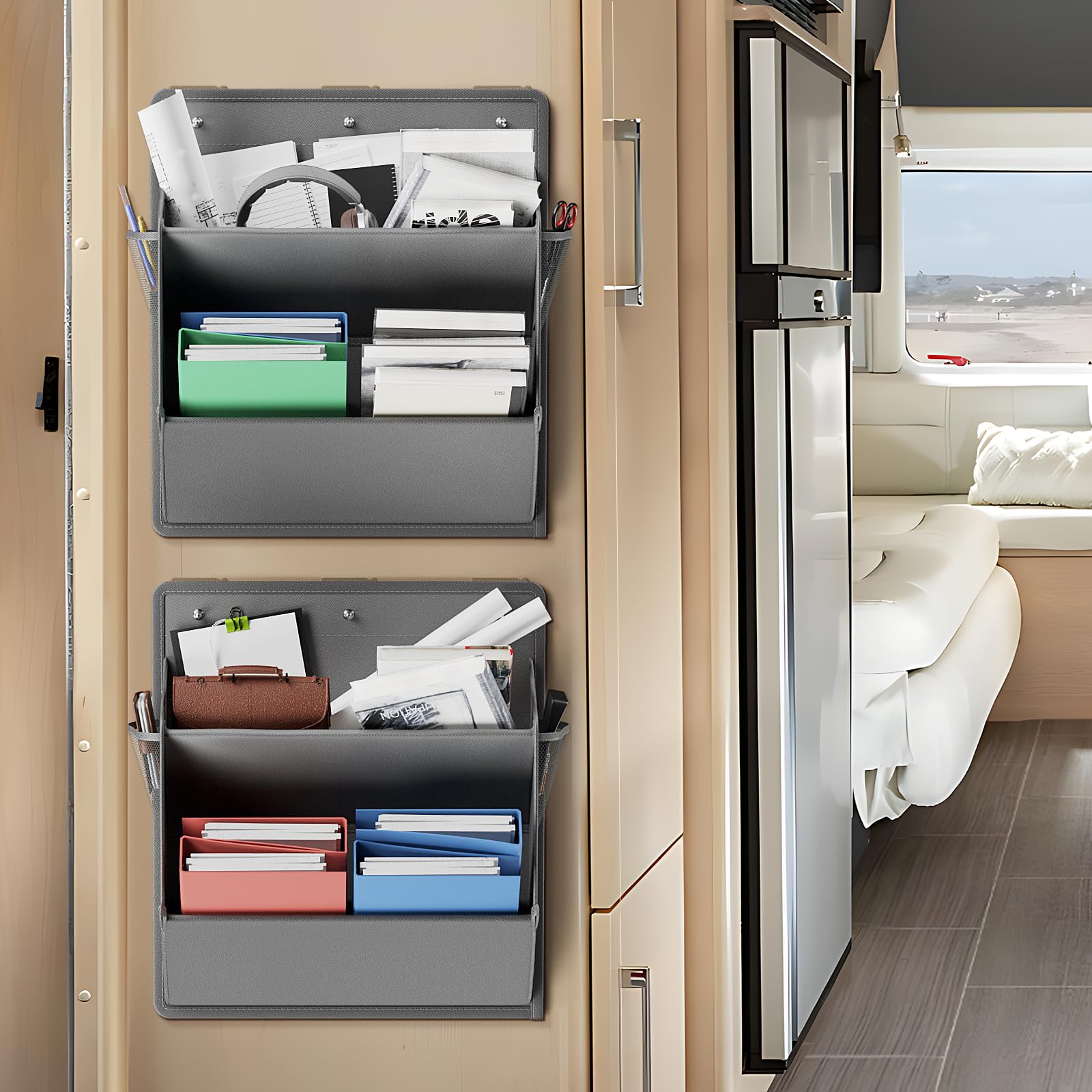 2 Pack RV Shoe Organizer with Sticky Adhesive Tape - Over The Door Hanging Shoe Storage with Deep Pockets for Campers, Space Saving Wall Mount Closet Organizer (Grey) - Perfect for RVs, Trailers, Tiny Homes & Small Closets