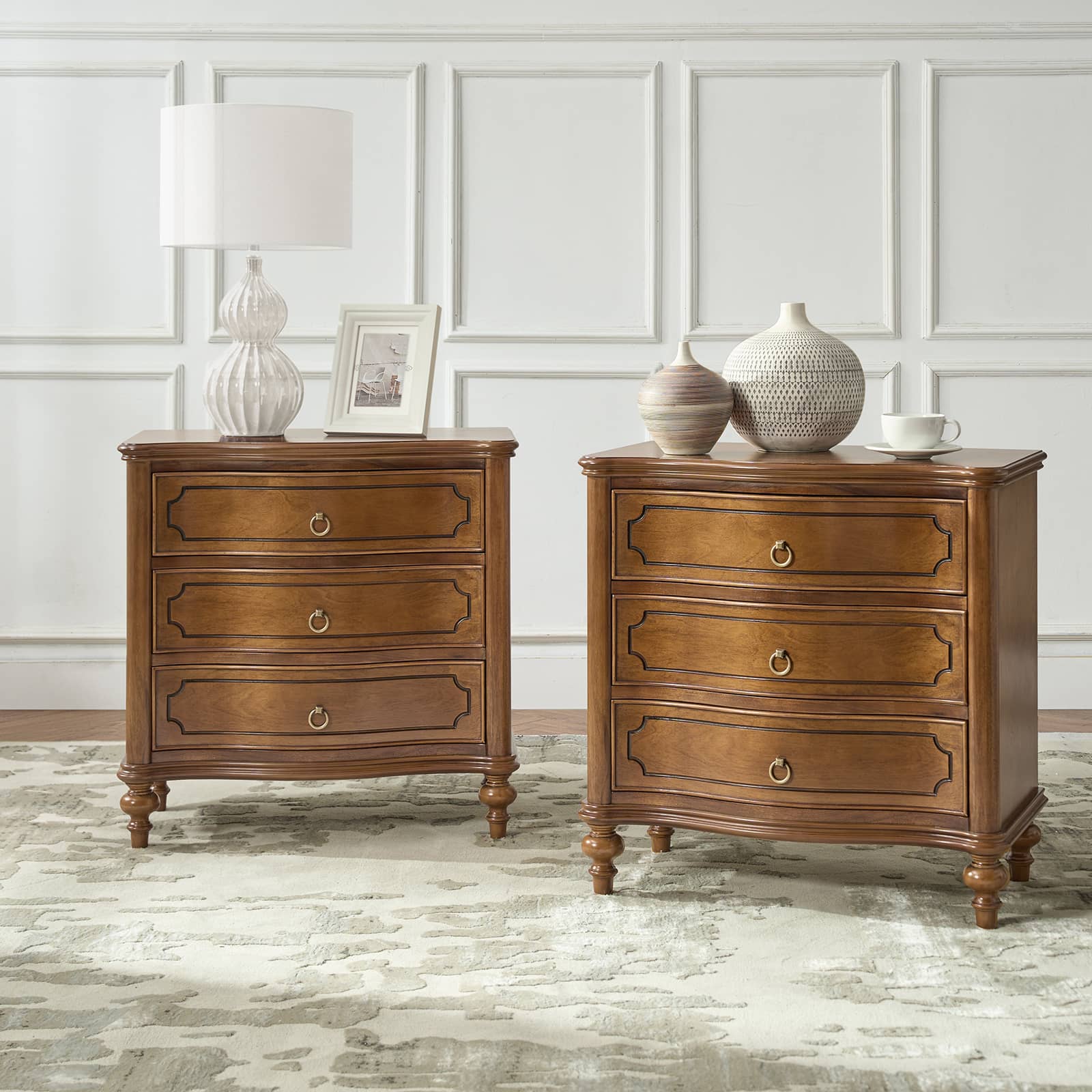Bernhard 3 Drawer Traditional Nightstand with USB Outlets - Solid Wood Bedside Table for Bedroom, Living Room & Office - Charging Station & Storage Cabinet