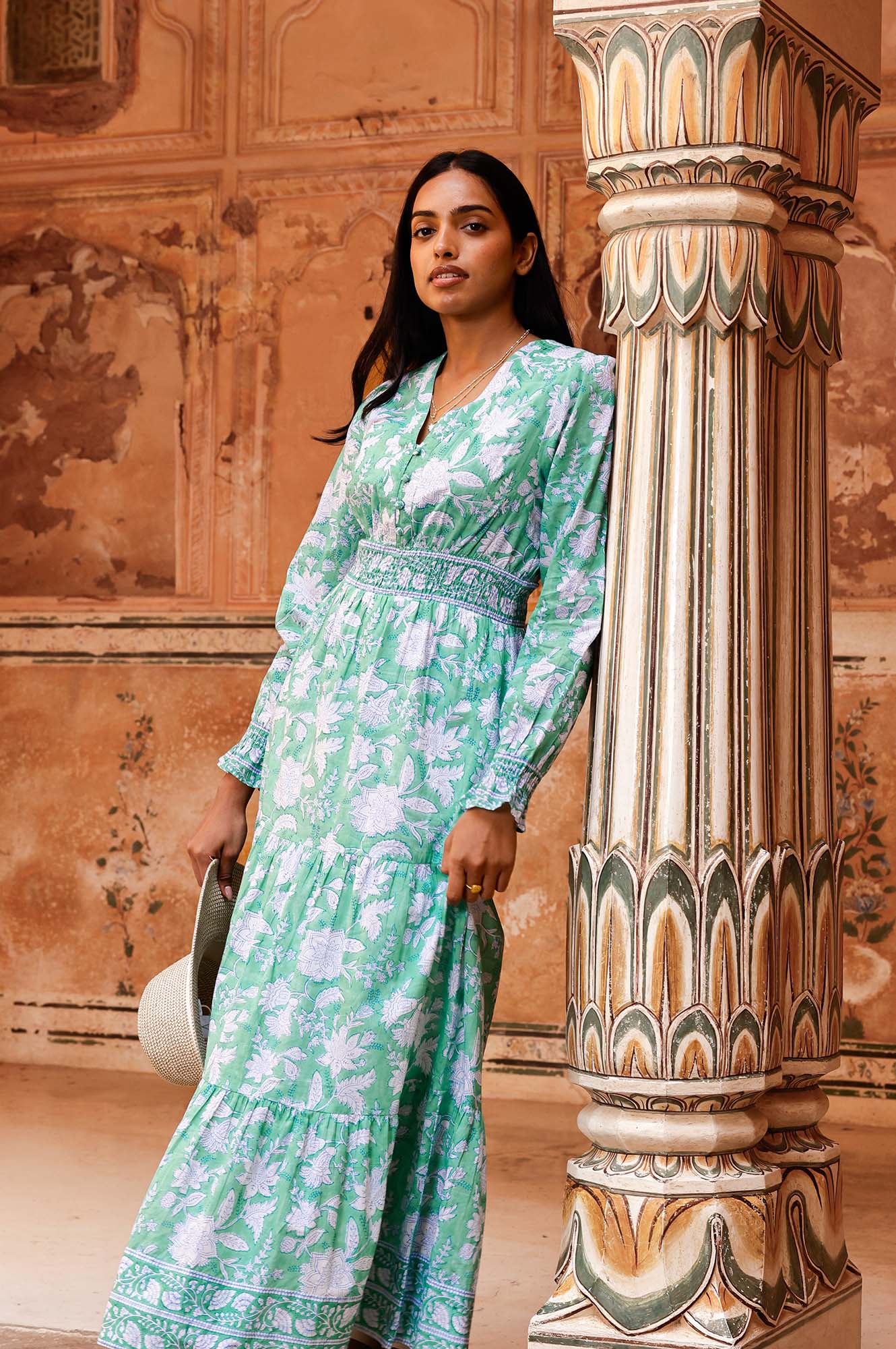 Billie Organic Cotton Block Print Dress - Lotus Green & Blue | Boho Chic Summer Dress for Women | Perfect for Beach, Vacation & Casual Outings
