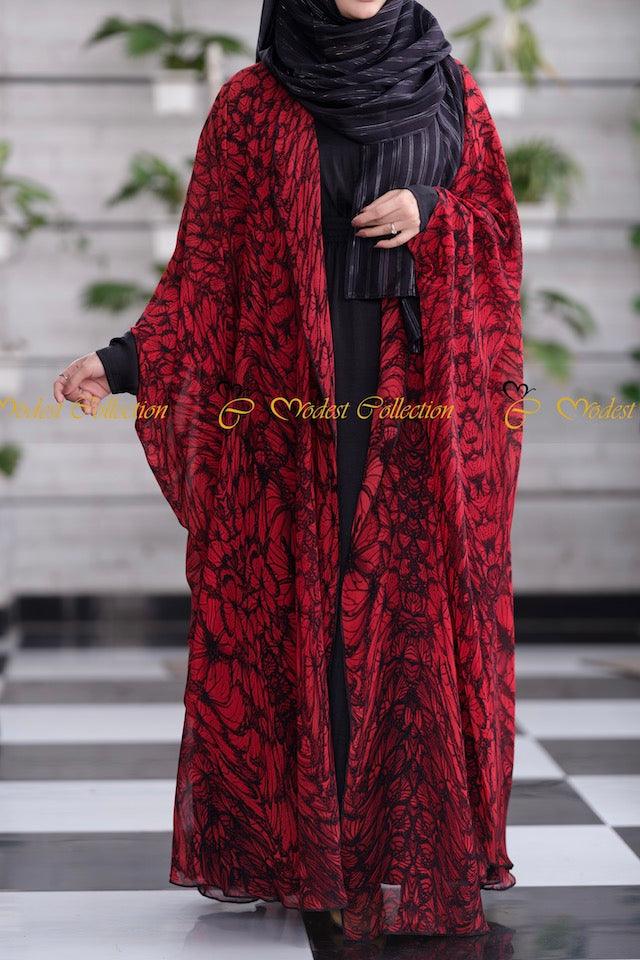 Elegant Roshny Abaya Garnet Red - Modest Islamic Dress for Women - Perfect for Prayer, Eid, and Special Occasions