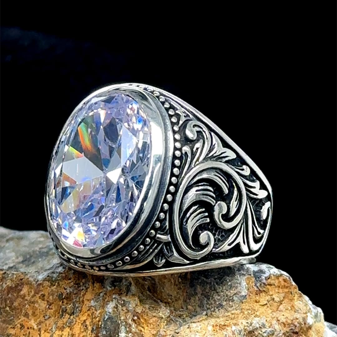 925K Sterling Silver Men's CZ Zircon Diamond Ring - Ottoman Style Unique Jewelry for Men - Perfect Father's Day Gift for Wedding, Anniversary & Special Occasions