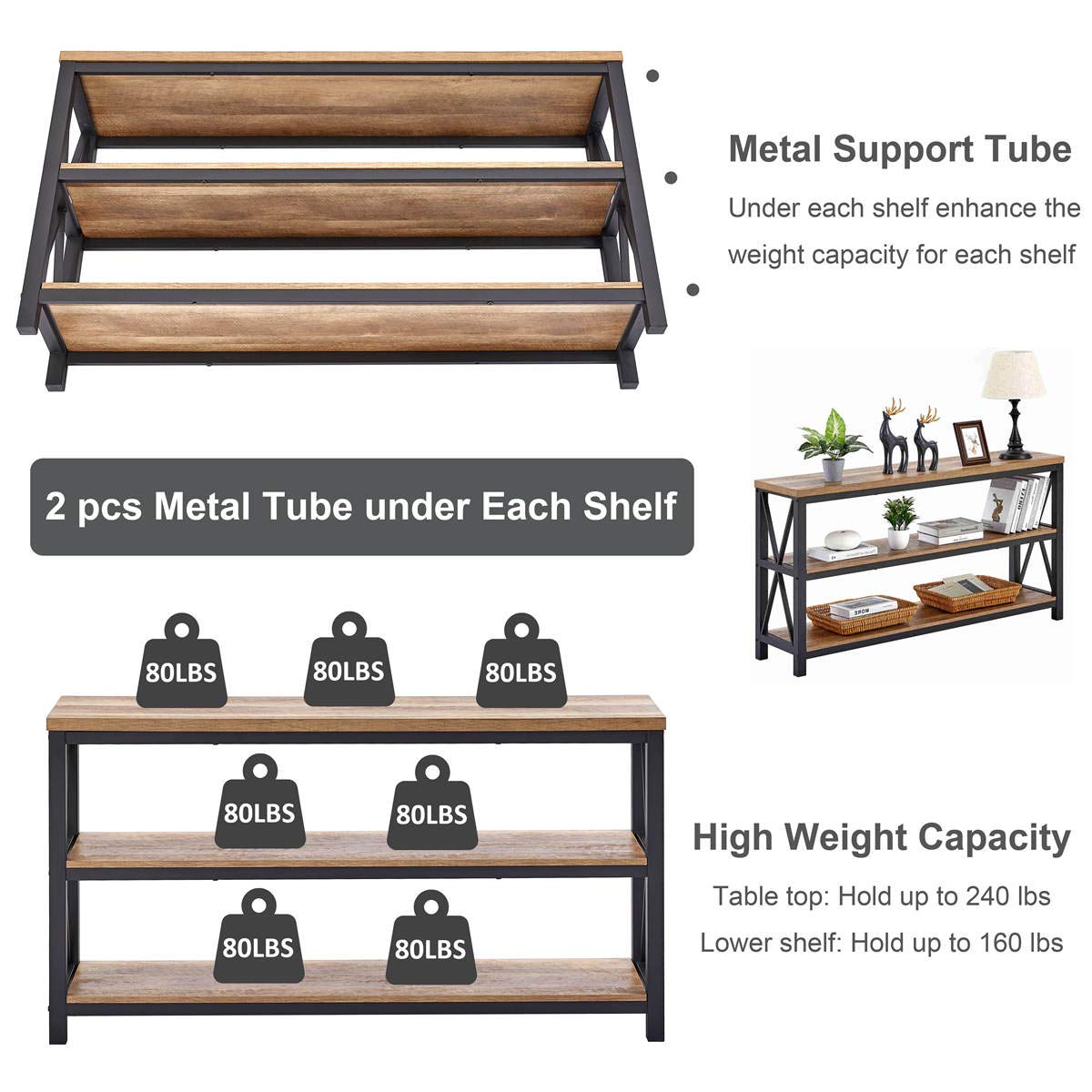 FATORRI 55 Inch Rustic Oak Industrial Console Table with 3-Tier Shelves - Entryway Sofa Table, Hallway Table for Living Room, Bedroom & Office - Perfect for Home Decor, Storage & Display
