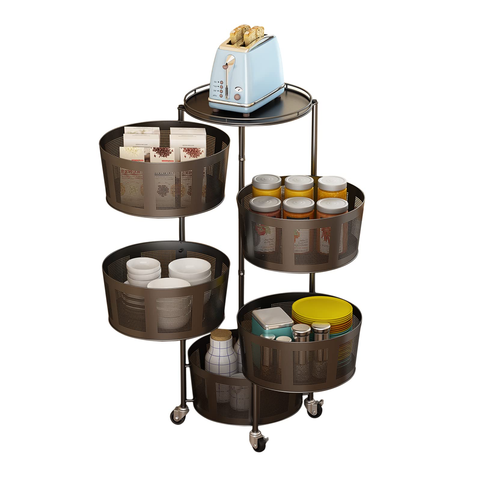 5-Tier Rotating Kitchen Storage Rack - Space Saving Organizer for Fruits, Vegetables & Snacks - Black Metal Shelf for Kitchen, Living Room & Bathroom - Perfect for Small Spaces & Home Organization