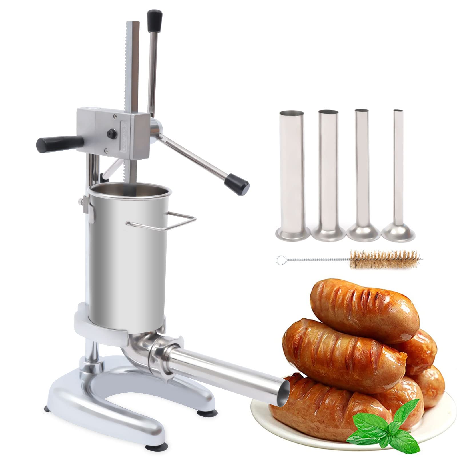 Professional Stainless Steel Hand Crank Sausage Stuffer - 2L Vertical Manual Meat Filler with 4 Stuffing Tubes - Commercial & Home Use for Sausage Making, Jerky, and Meat Processing