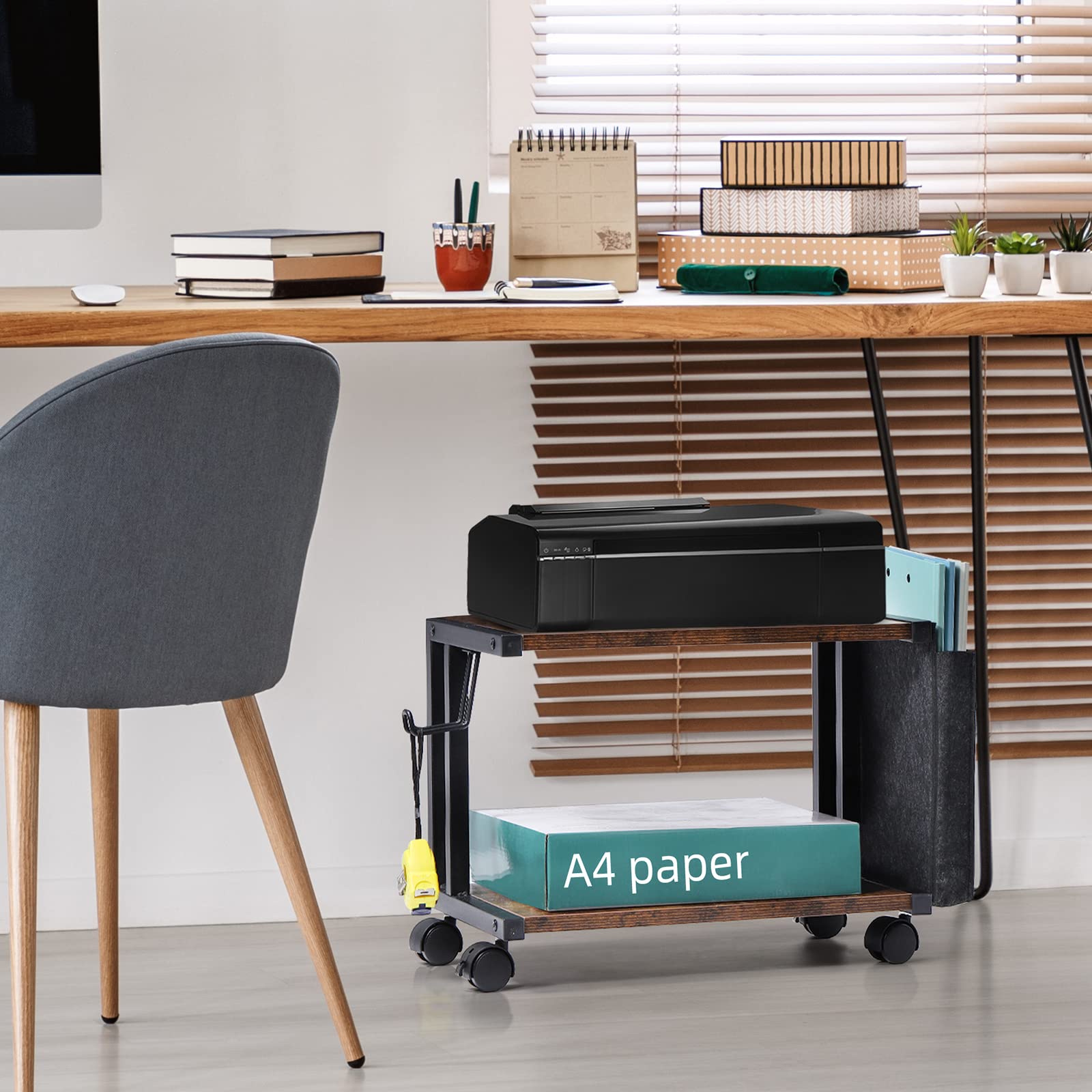 2-Tier Rolling Printer Stand with Storage Bag - Under Desk Mobile Printer Table for Fax Machine, Scanner & Files - Compact Desktop Shelf with Wheels (Brown) - Perfect for Home Office & Small Workspaces