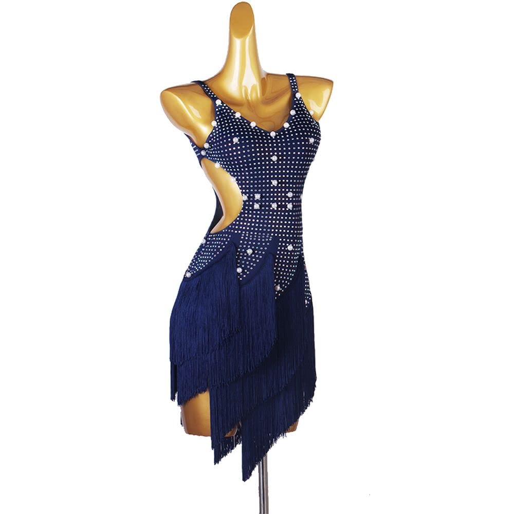 LIUHUO Women's Dark Blue Fringe Latin Dance Dress with Diamond Pearl Embellishments - Perfect for Salsa, Ballroom, and Performance Costume