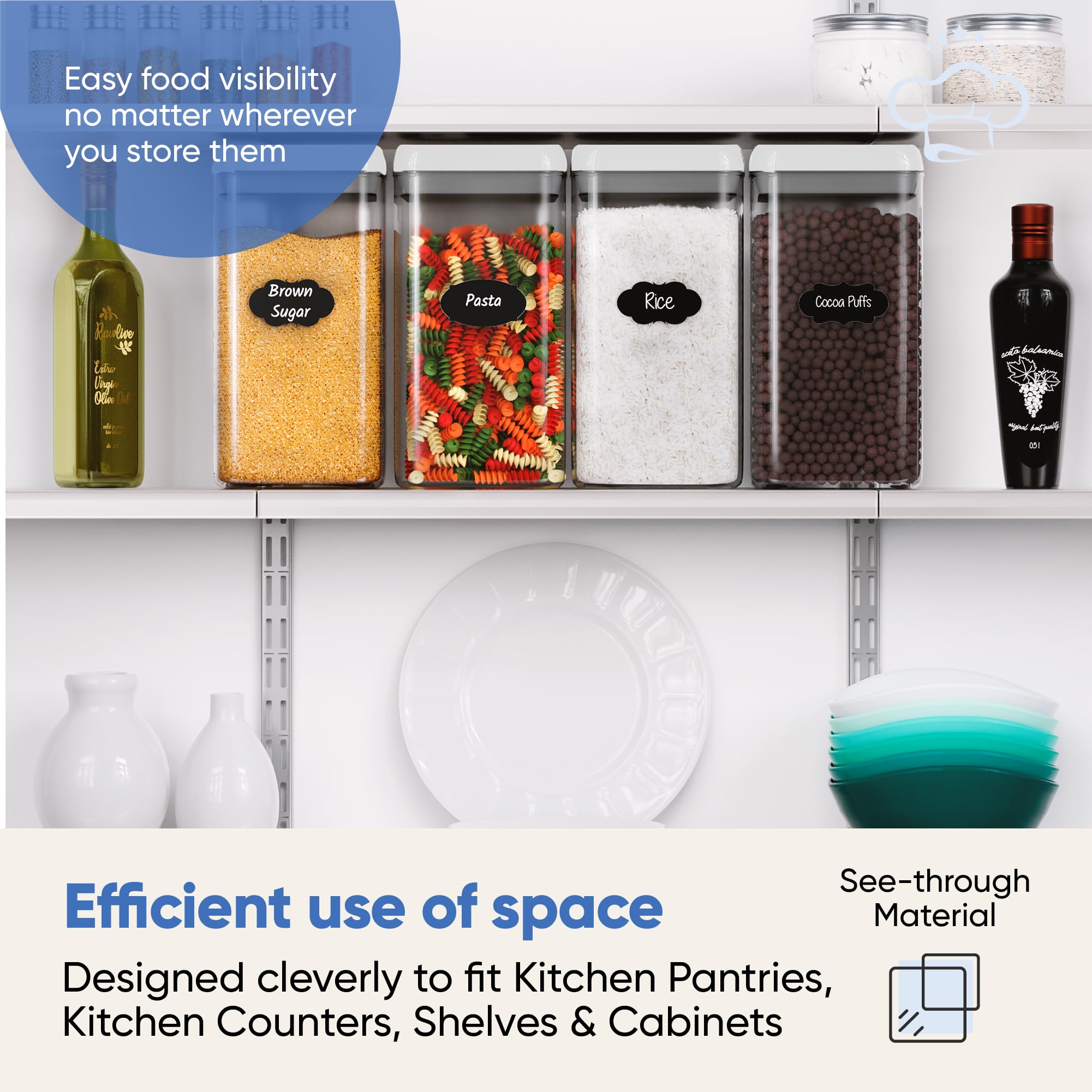 Chef's Path 4-Piece Large Airtight Food Storage Containers Set (3.2L/109Oz) with White Lids - Clear Kitchen & Pantry Canisters for Pasta, Cereal, Noodles, Flour | Perfect for Meal Prep, Bulk Food Storage & Organized Kitchen