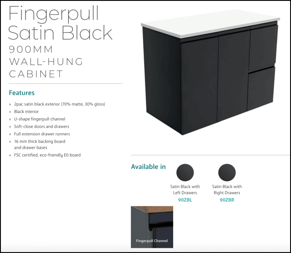 Fienza TCL90ZBL Dolce 900mm Wall Mounted Bathroom Vanity with Fingerpull Satin Black Finish & Left Side Drawers - Perfect for Modern Small Bathrooms and Powder Rooms