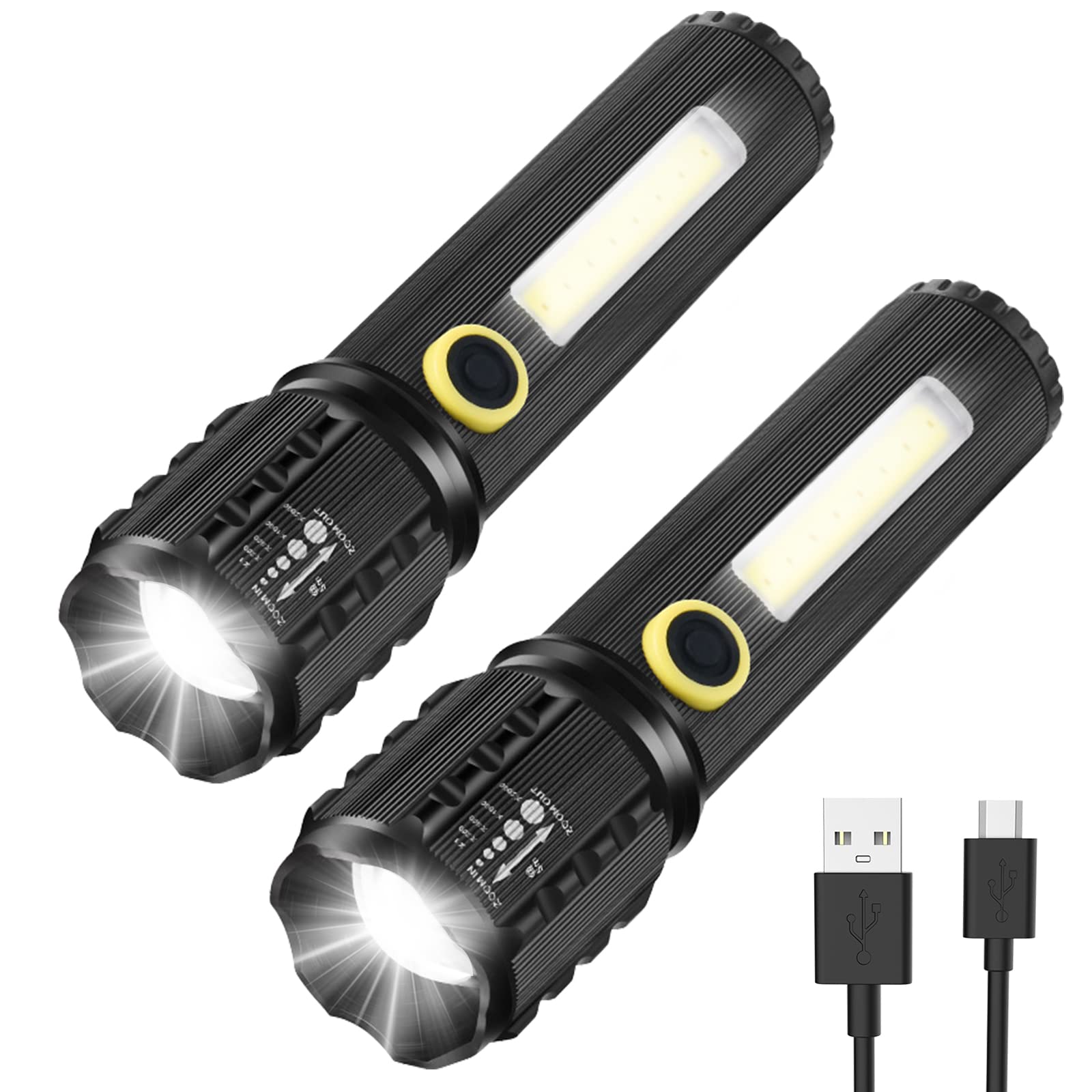 GeeRic LED Tactical Flashlight 2 Pack - 3 Mode Zoomable Adjustable Bright Flashlight with Rechargeable Battery | Compact Pocket Size for Camping, Hiking, Emergency Survival & Outdoor Adventures (Black)