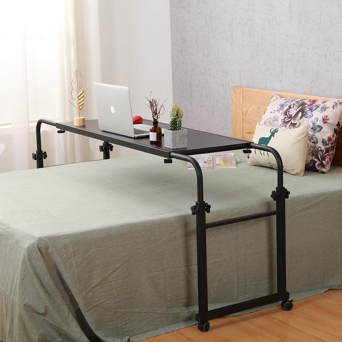Adjustable Overbed Table with Wheels - Rolling Hospital Bed Tray, Laptop Desk for Home, Office & Nursing Care - Portable & Sturdy Design (Black)