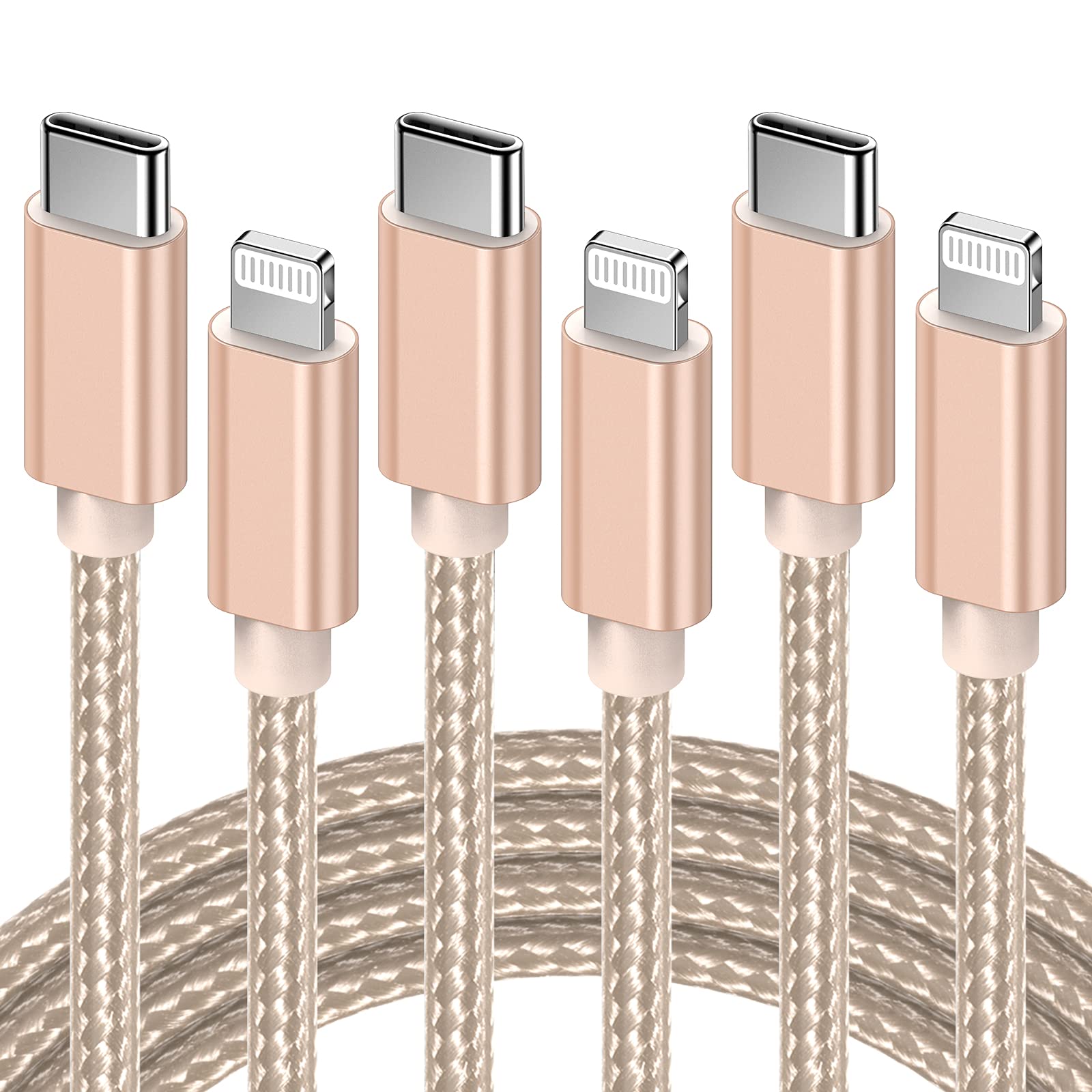 MFi Certified USB C to Lightning Cable - Fast Charging Cord for iPhone 14/13/12/11/X/8 (3/6/10ft) | Gold iPhone Charger for Home, Car & Travel | Compatible with Pro Max/Mini/XS/XR/Plus Models