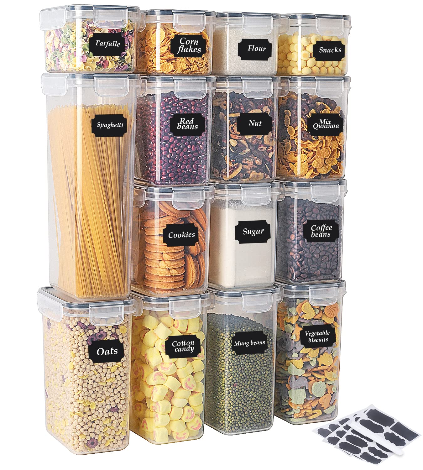 Uncle Paul 15-Piece Airtight Food Storage Container Set with Lids - BPA-Free Plastic Canisters for Cereal, Flour, Sugar | Includes Marker & 30 Labels | Perfect for Kitchen Pantry Organization & Bulk Food Storage