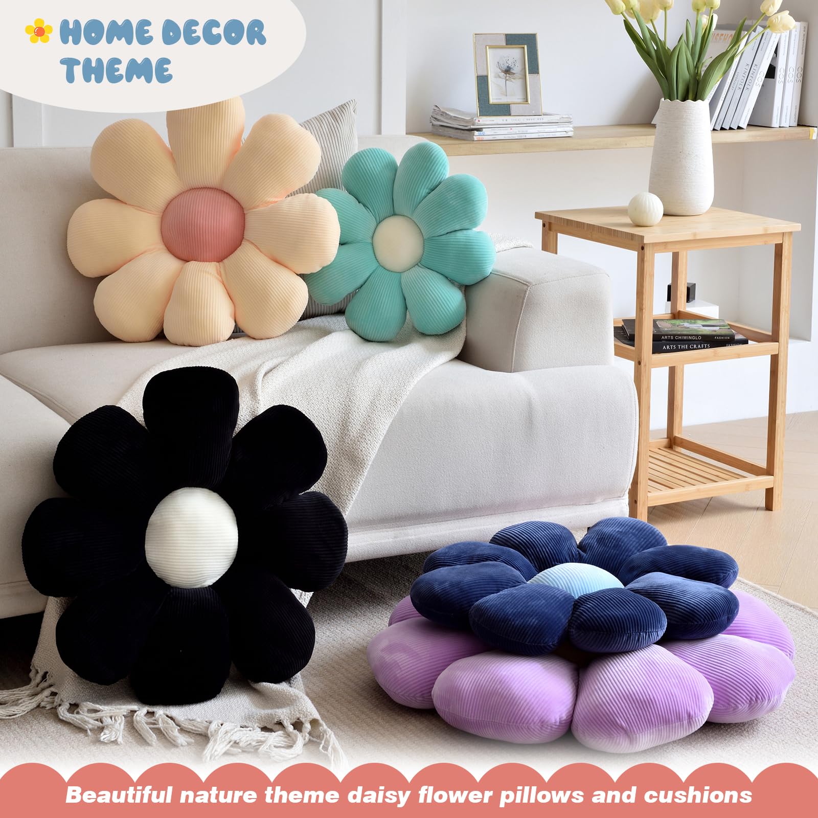 Daisy Flower Pillow - Cute Floral Cushion for Sofa & Bed Decor - Blue 15.7
