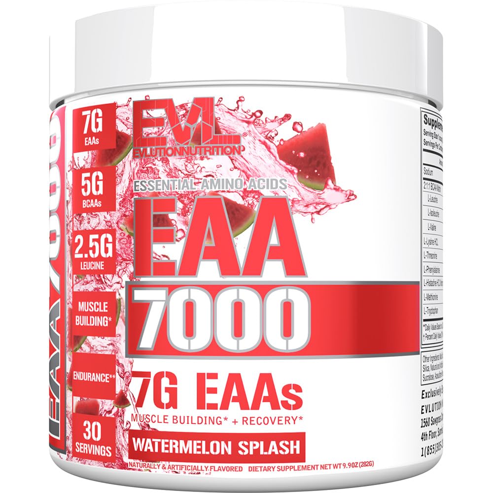 EVLution Nutrition EAA 7000 Essential Amino Acids Supplement - Watermelon Splash Flavor, 282g Powder for Muscle Recovery & Performance Boost | Pre-Workout & Post-Workout Use