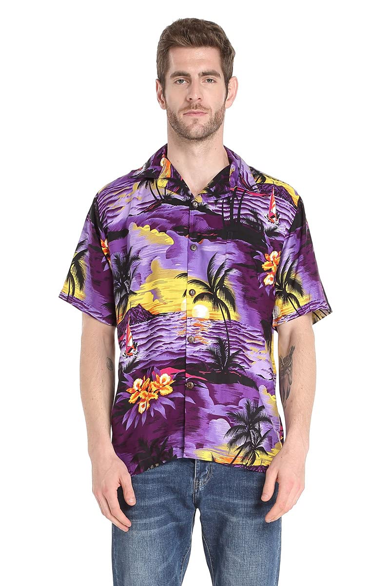 Hawaiian Luau Outfits for Family - Matching Tropical Shirts & Dresses for Men, Women, Boys & Girls in Sunset Purple | Beach Party, Summer Vacation & Theme Party Wear