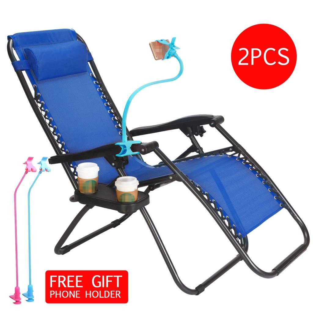 Set of 2 Adjustable Zero Gravity Lounge Chairs with Cup Holder & Phone Slot - Foldable Outdoor Recliners with Snack Tray for Patio, Poolside, Backyard Relaxation & Sunbathing