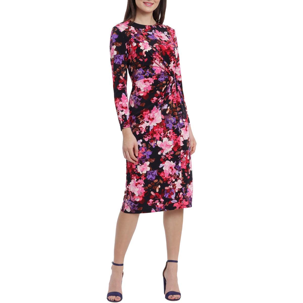 Maggy London Women's Front Twist Midi Dress - Elegant Floral Print Cocktail Party Dress for Weddings, Brunches & Special Occasions