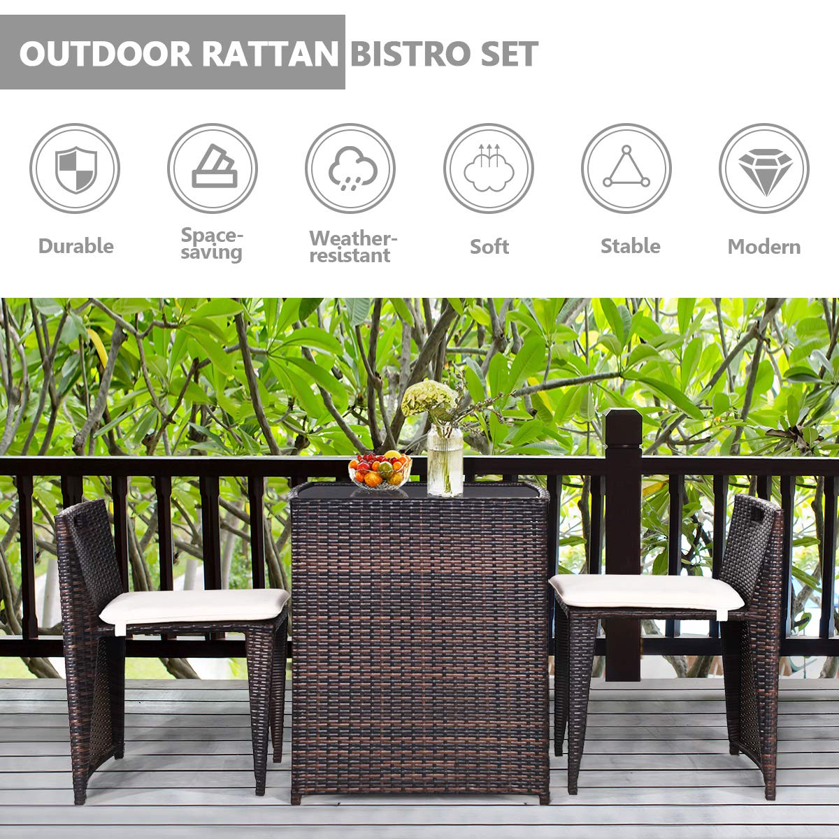 RELAX4LIFE 3-Piece Outdoor Patio Furniture Set - PE Rattan Wicker Bistro Set with Cushions & Glass Top Table, Brown - Perfect for Garden, Balcony, Poolside & Backyard Relaxation