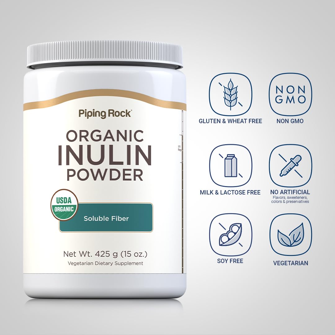 Piping Rock Organic Inulin Powder 15 oz - Soluble Fiber Supplement & FOS Powder | Vegetarian, Non-GMO, Gluten Free | Supports Gut Health & Digestion | Perfect for Smoothies, Baking & Coffee