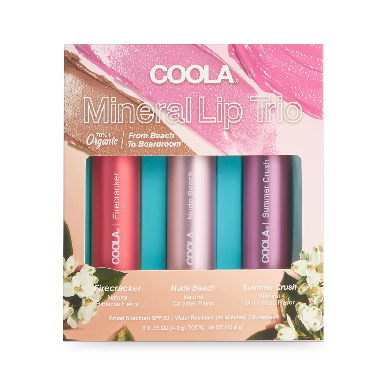COOLA Mineral Liplux Organic Tinted Lip Balm Trio SPF 30 - Hydrating Lip Care with Natural Sun Protection for Daily Use, Outdoor Activities & Travel