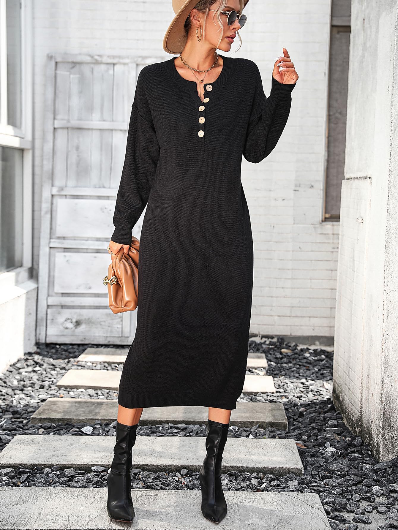 Hathne Women's Crew Neck Button Down Sweater Dress - Long Sleeve Loose Waffle Knit Pullover Maxi Dress for Casual Outfits, Fall Winter Fashion & Layering