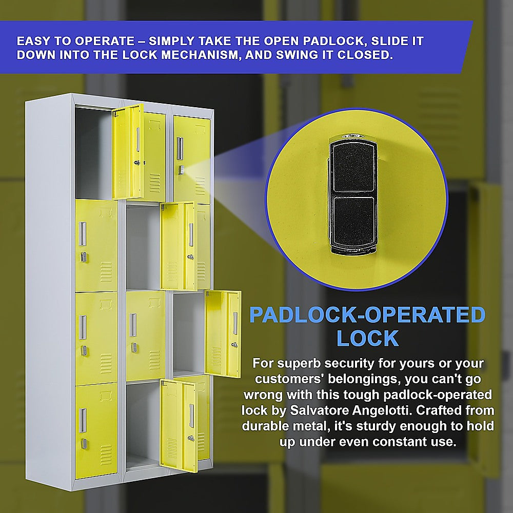 12-Door Locker with Padlock - Heavy Duty Metal Storage Cabinet for Office, Gym, School & Home - Secure Equipment & Personal Belongings Organization (Ideal for Locker Rooms, Employee Storage & Sports Facilities)