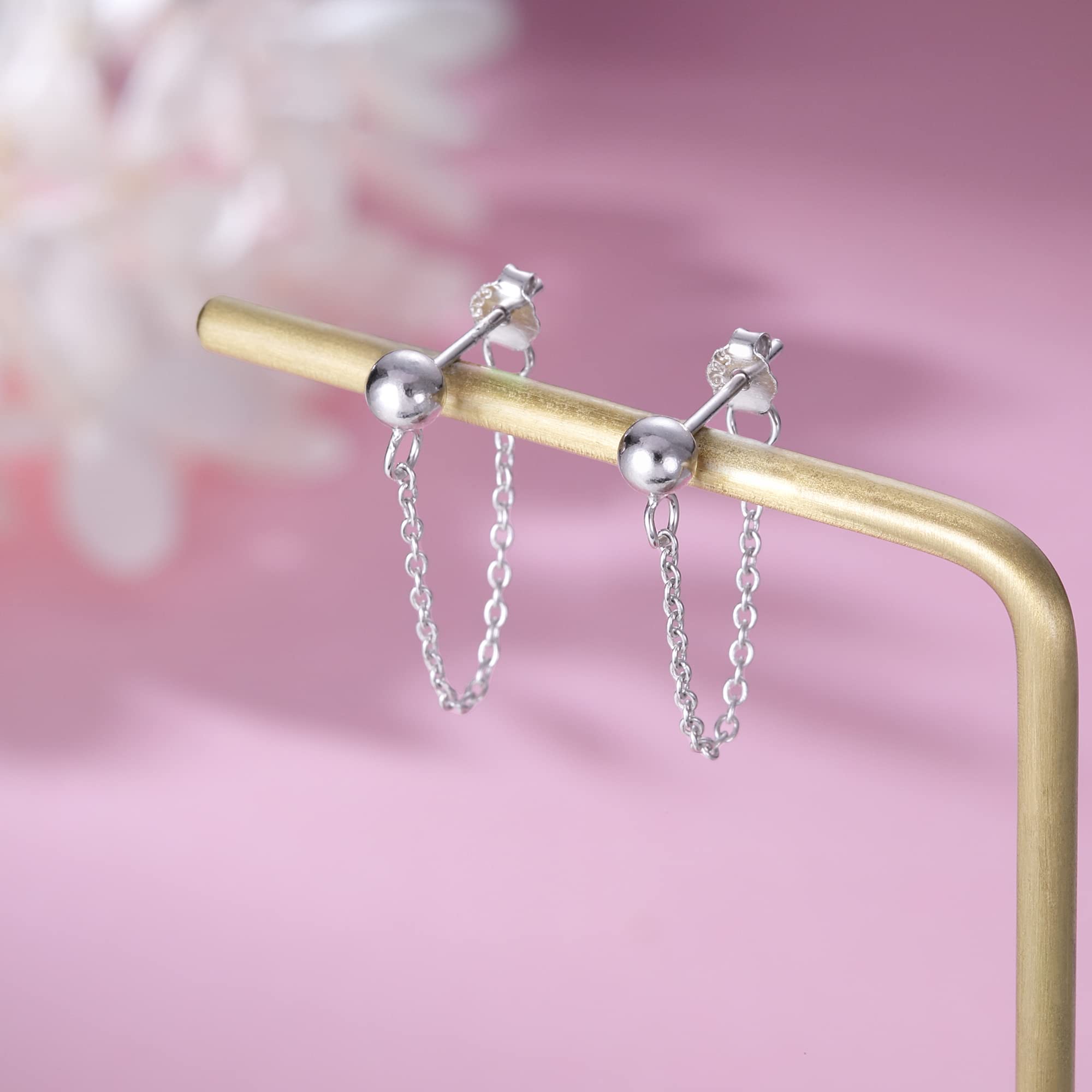 Refeer Minimalist Ball Earrings with Chain Dangle - 925 Sterling Silver Stud Earrings for Women & Teens | Elegant Everyday Wear, Party & Gift Jewelry