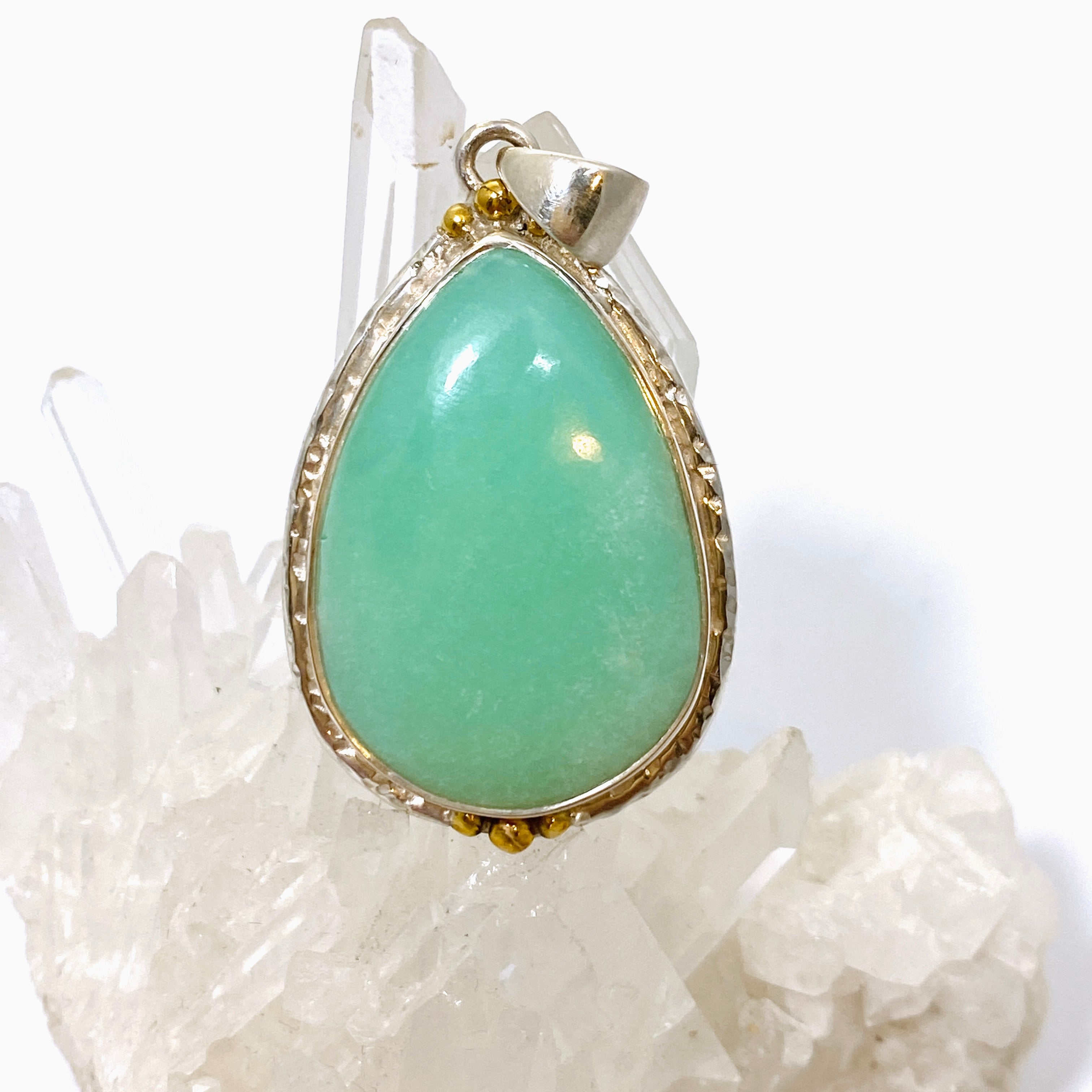Natural Chrysoprase Teardrop Cabochon Pendant in Sterling Silver Setting - KPGJ4715 | Healing Crystal Jewelry for Meditation & Energy Balancing