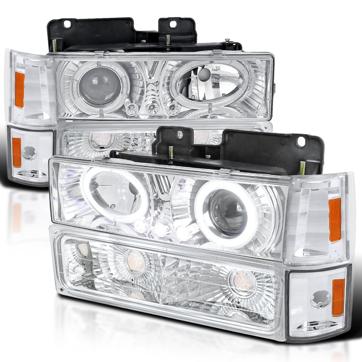 Spec-D Tuning LED Halo Projector Headlights with Bumper & Corner Lights - Compatible with 1994-1998 GMC C/K C10, Sierra, Yukon, Suburban - Left & Right Pair Headlamp Assembly - Upgrade for Night Driving & Off-Road Adventures