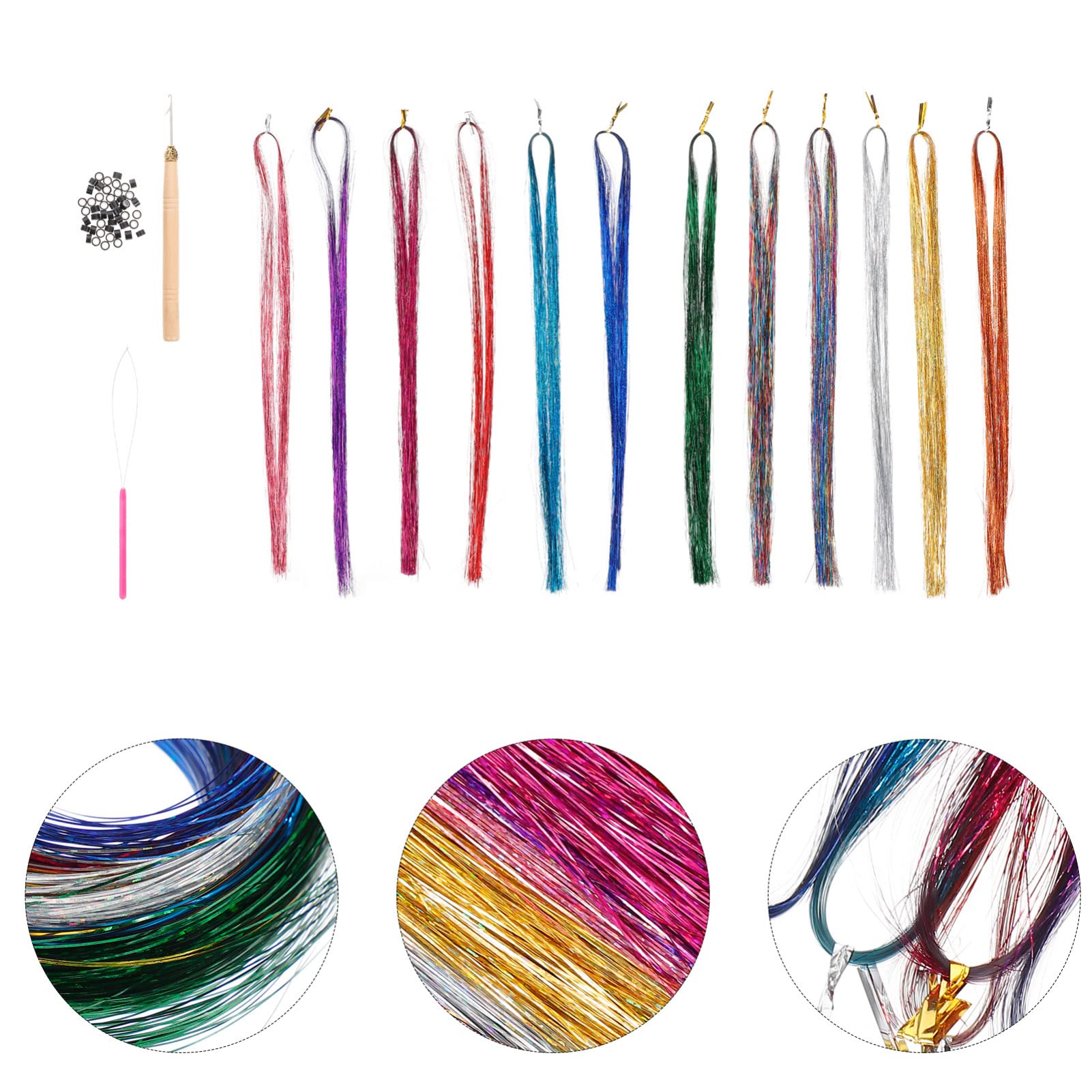 Beaupretty Hair Tinsel Kit 12pcs - Glitter Hair Extensions with Tool for Women & Kids - Perfect for Cosplay & Parties