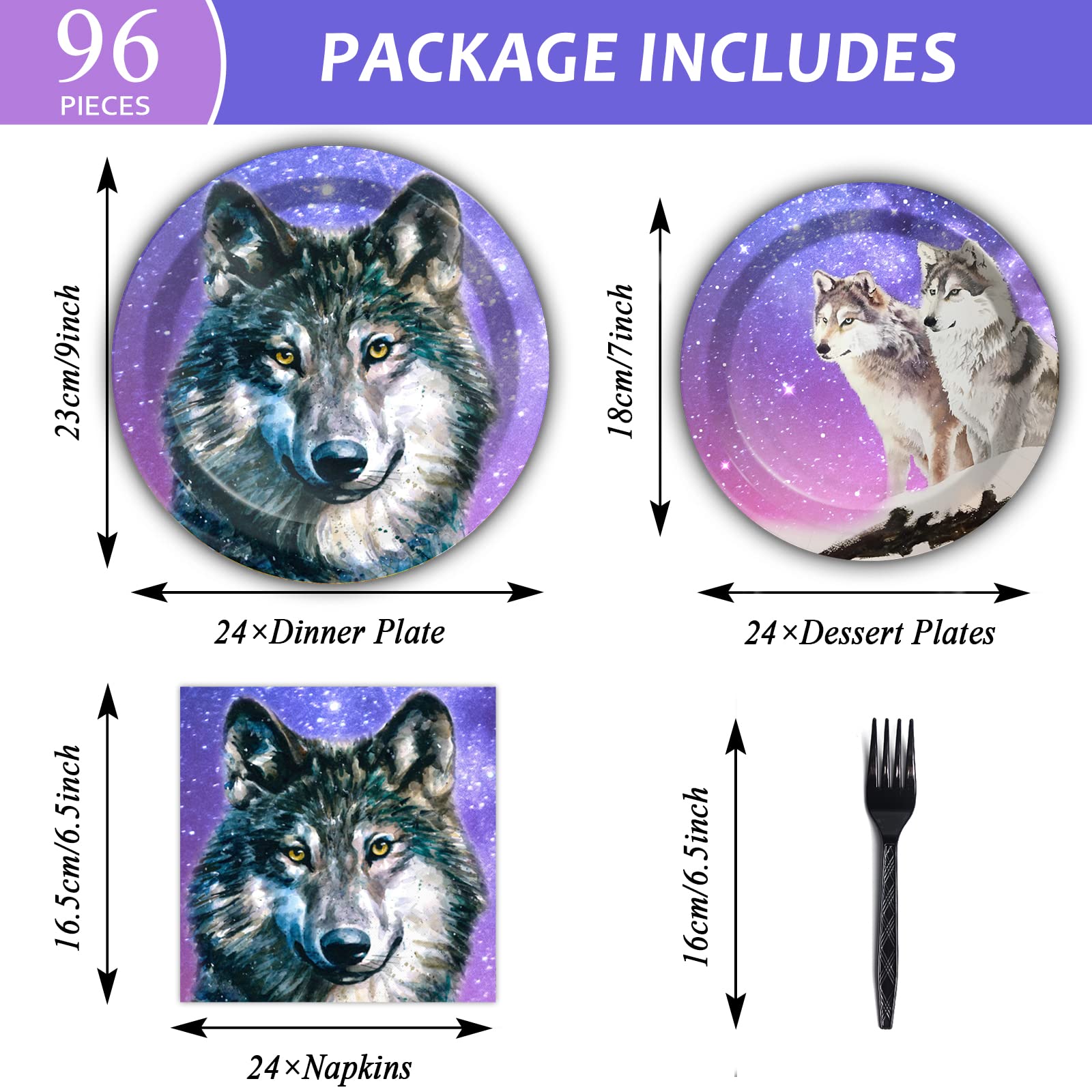 Wiooffen 96-Piece Wolf Themed Party Supplies Set - Disposable Plates, Napkins & Forks for Animal Birthday Decorations | Perfect for Boys, Girls Birthday Parties & Baby Showers (Serves 24 Guests) | Ideal for Jungle-Themed Events, Kids Celebrations & Outdoor Gatherings
