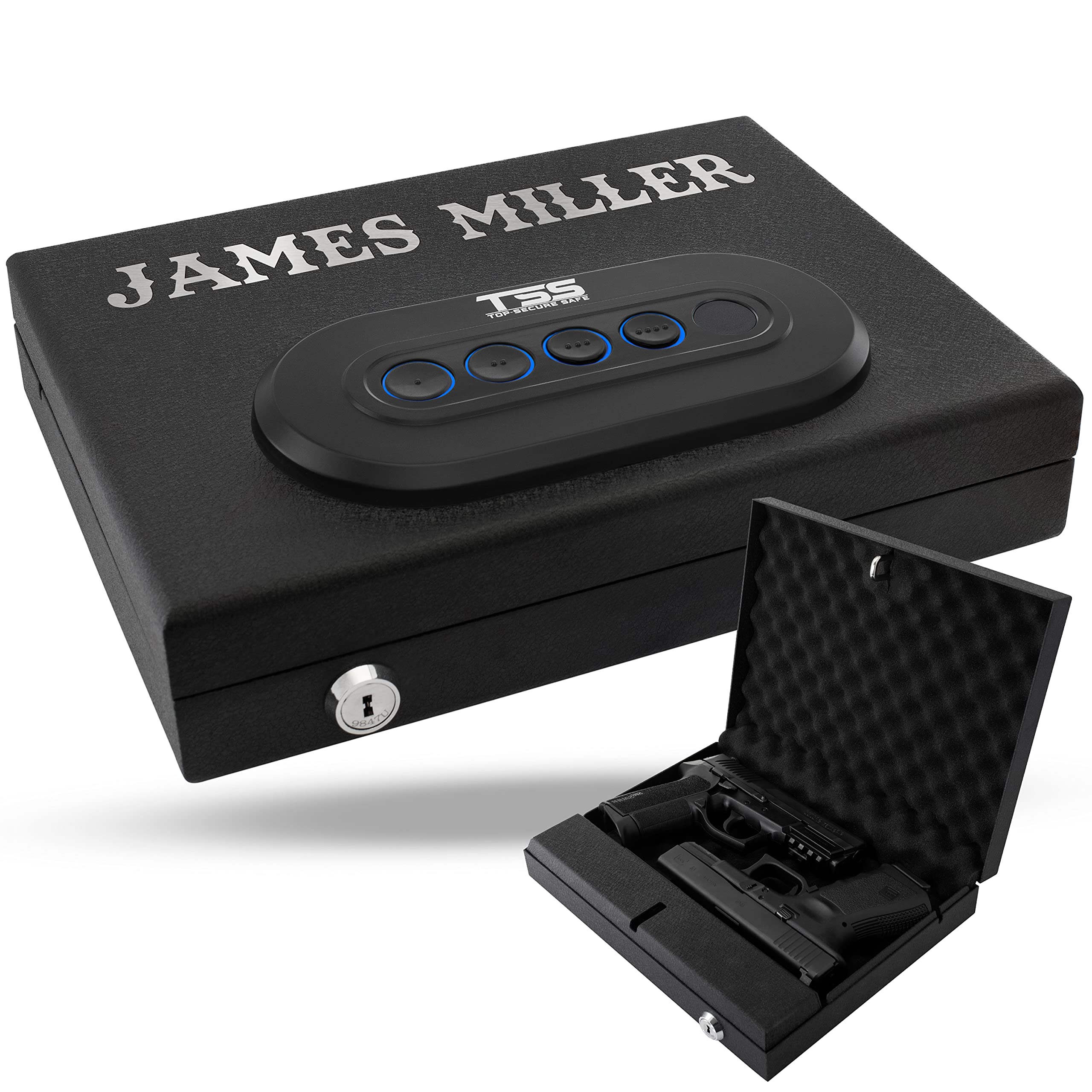Personalized Gun Safe with Custom Text | 14 Font Options | Quick-Access Handgun Safe for Pistols with Digital Keypad & Backup Key Lock - California DOJ Certified | Perfect for Home, Office & Vehicle Security - Great Birthday Gift for Husband & Men